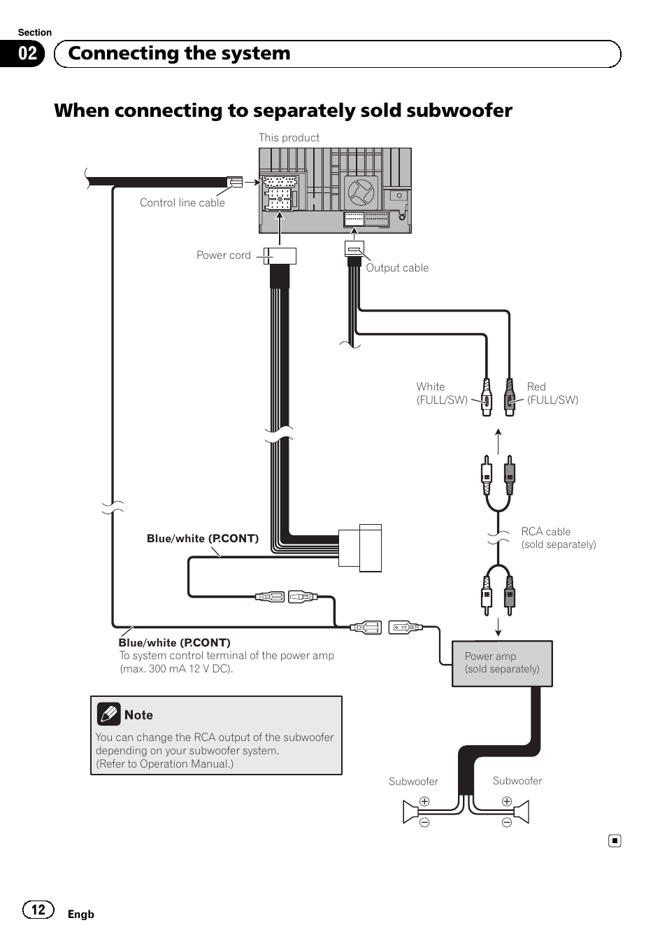 When connecting to separately sold, Subwoofer, When connecting to separately sold subwoofer | 02 connecting the system | Pioneer SPH-DA01 User Manual | Page 12 / 156