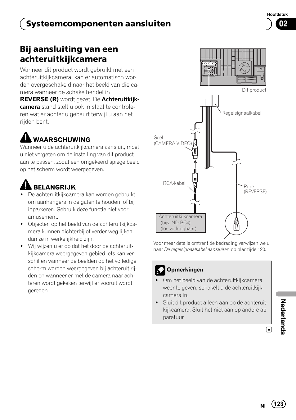 Bij aansluiting van een, Achteruitkijkcamera, Bij aansluiting van een achteruitkijkcamera | 02 systeemcomponenten aansluiten | Pioneer SPH-DA01 User Manual | Page 123 / 156