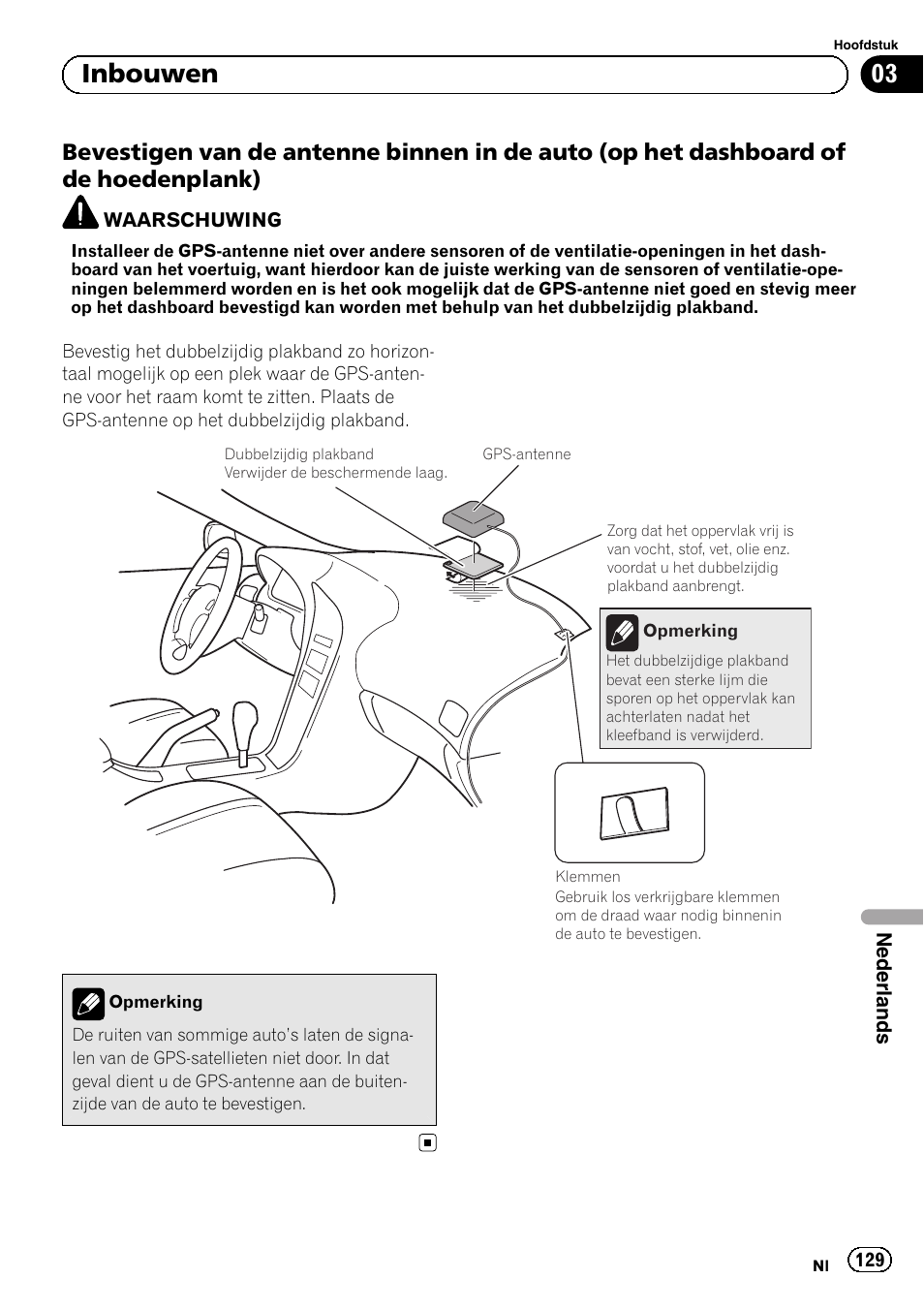 Bevestigen van de antenne binnen in, De auto (op het dashboard of de hoedenplank), 03 inbouwen | Pioneer SPH-DA01 User Manual | Page 129 / 156