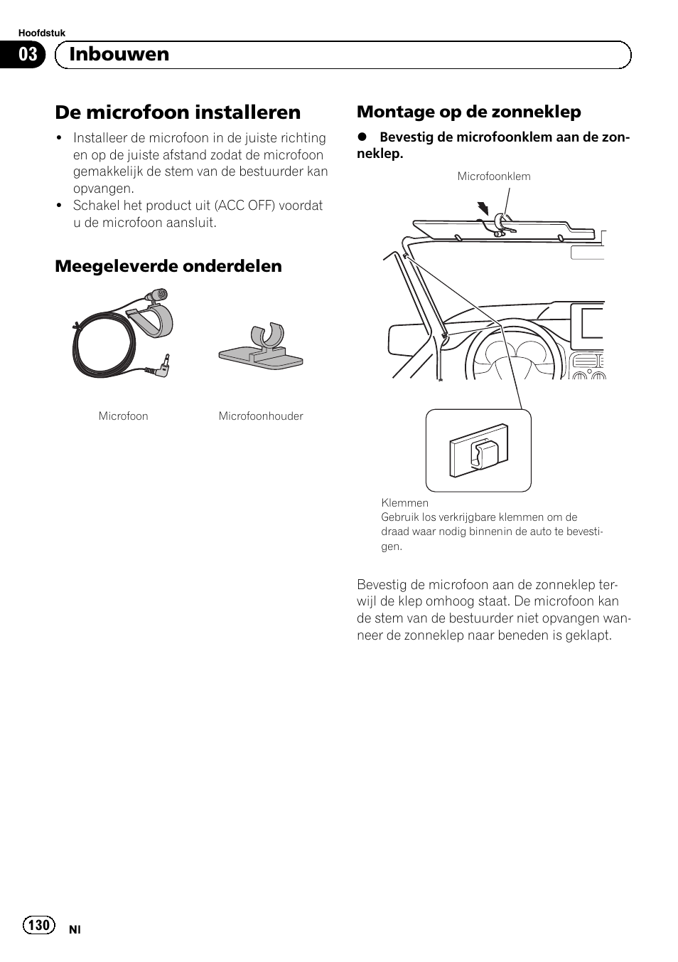 De microfoon installeren, Meegeleverde onderdelen 130, Montage op de zonneklep 130 | 03 inbouwen, Meegeleverde onderdelen, Montage op de zonneklep | Pioneer SPH-DA01 User Manual | Page 130 / 156