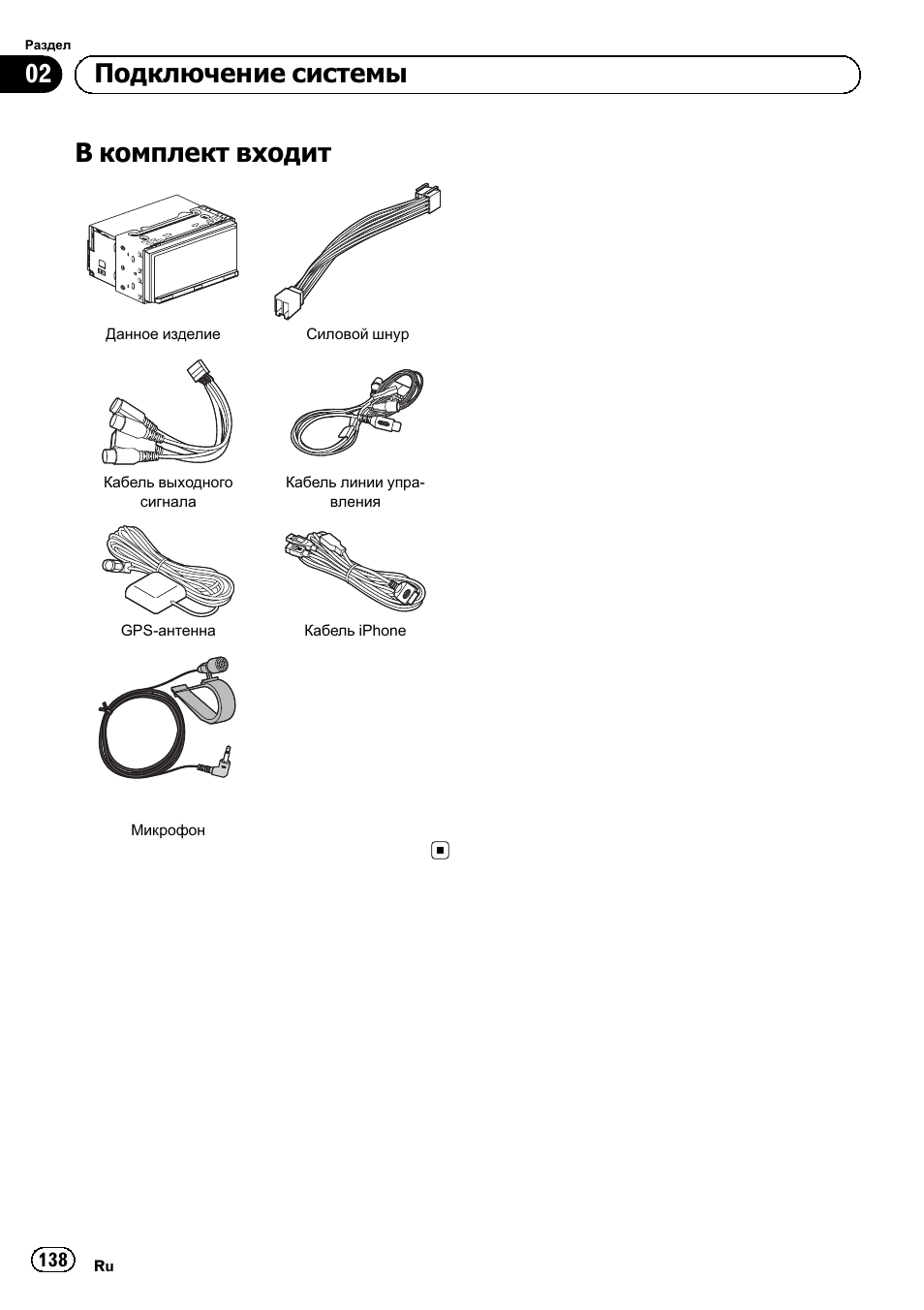 В комплект входит 138, В комплект входит, 02 подключение системы | Pioneer SPH-DA01 User Manual | Page 138 / 156
