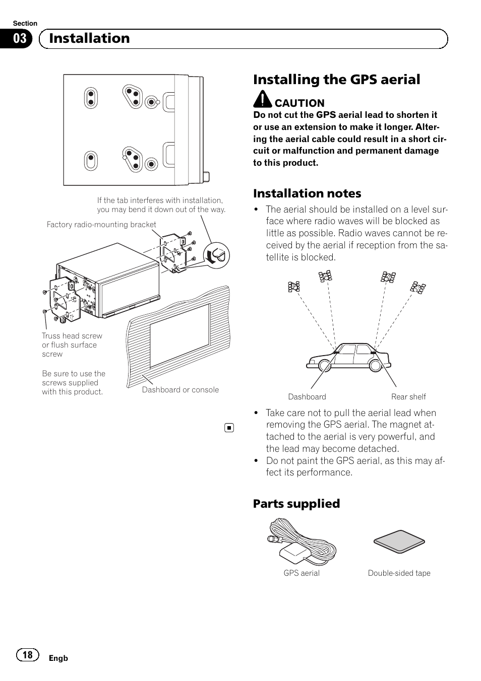 Installing the gps aerial, Installation notes 18, Parts supplied 18 | 03 installation, Parts supplied | Pioneer SPH-DA01 User Manual | Page 18 / 156