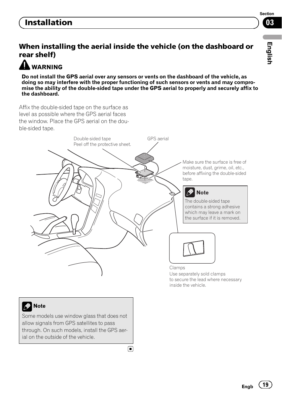 When installing the aerial inside the, Vehicle (on the dashboard or rear shelf), 03 installation | Pioneer SPH-DA01 User Manual | Page 19 / 156