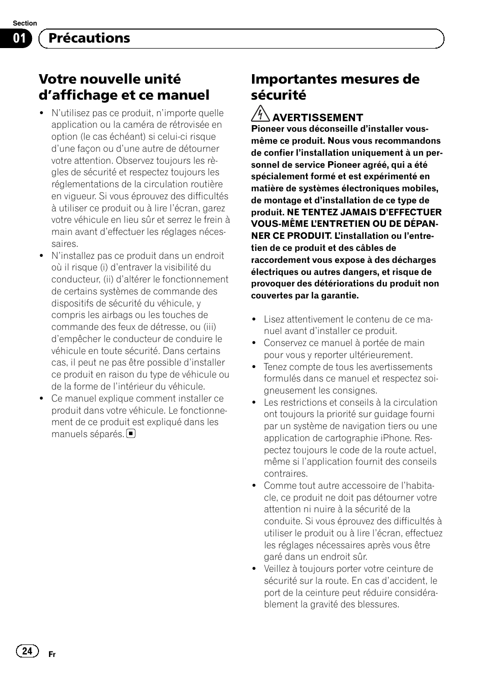 Précautions, Votre nouvelle unité d, Affichage et ce | Manuel, Importantes mesures de sécurité, Votre nouvelle unité d ’affichage et ce manuel, 01 précautions | Pioneer SPH-DA01 User Manual | Page 24 / 156