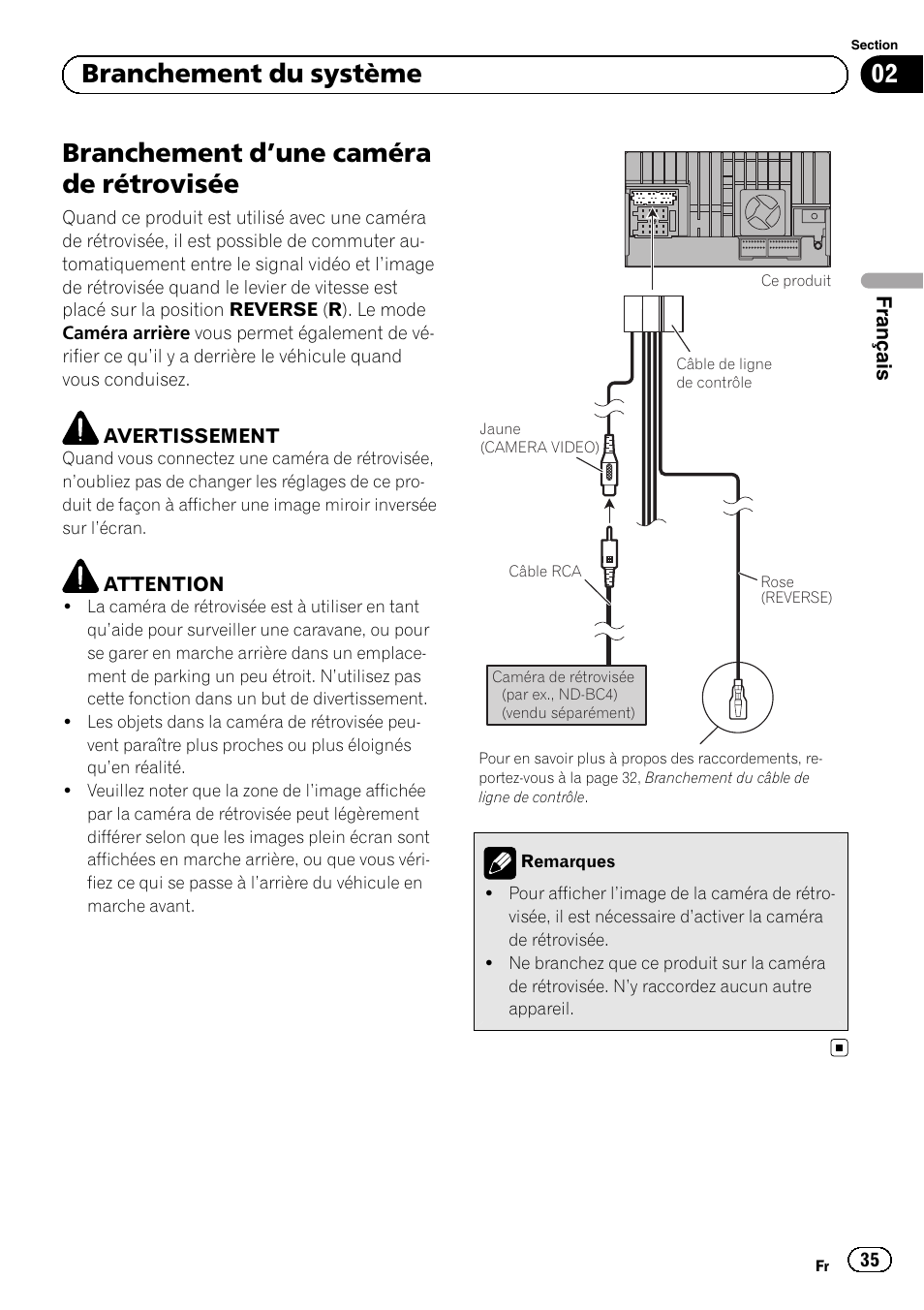 Branchement d, Une caméra de, Rétrovisée | Branchement d ’une caméra de rétrovisée, 02 branchement du système | Pioneer SPH-DA01 User Manual | Page 35 / 156