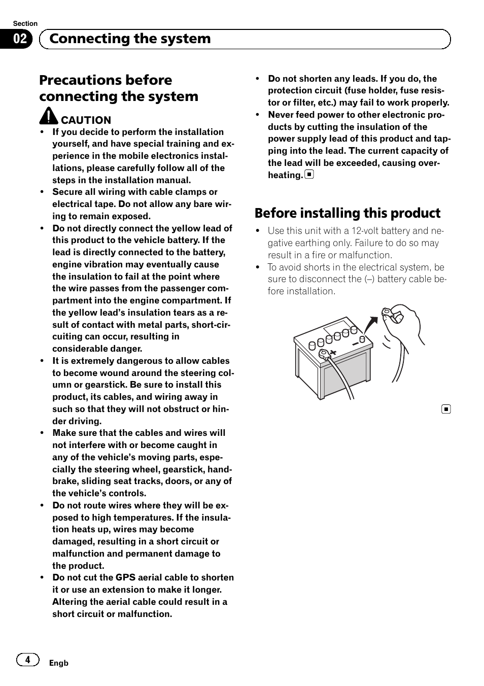 System, Before installing this product, Precautions before connecting the system | 02 connecting the system | Pioneer SPH-DA01 User Manual | Page 4 / 156