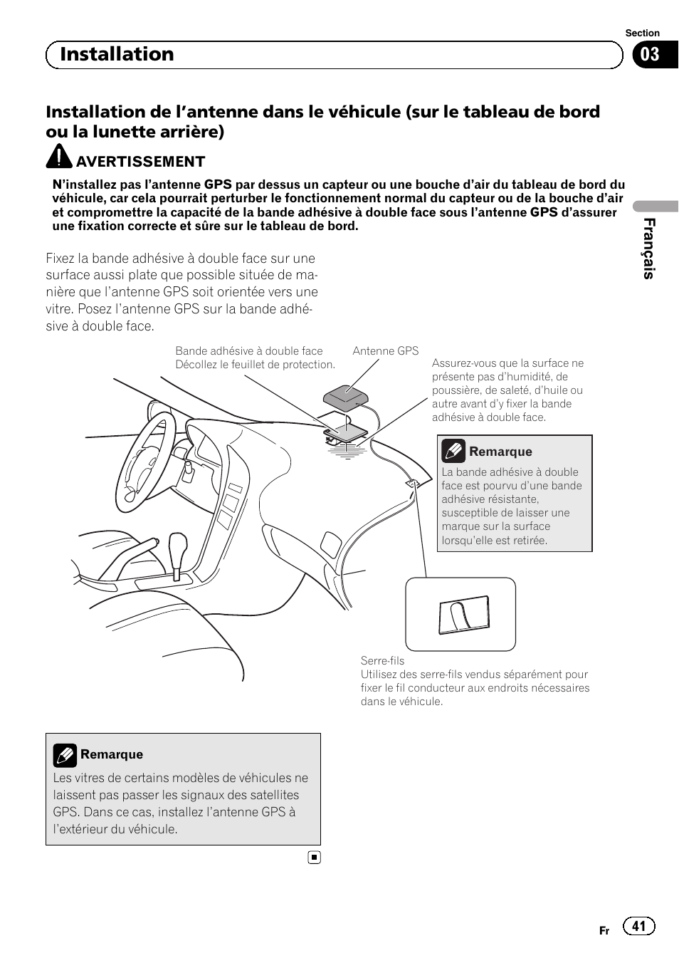 Installation de l’antenne dans le, 03 installation | Pioneer SPH-DA01 User Manual | Page 41 / 156