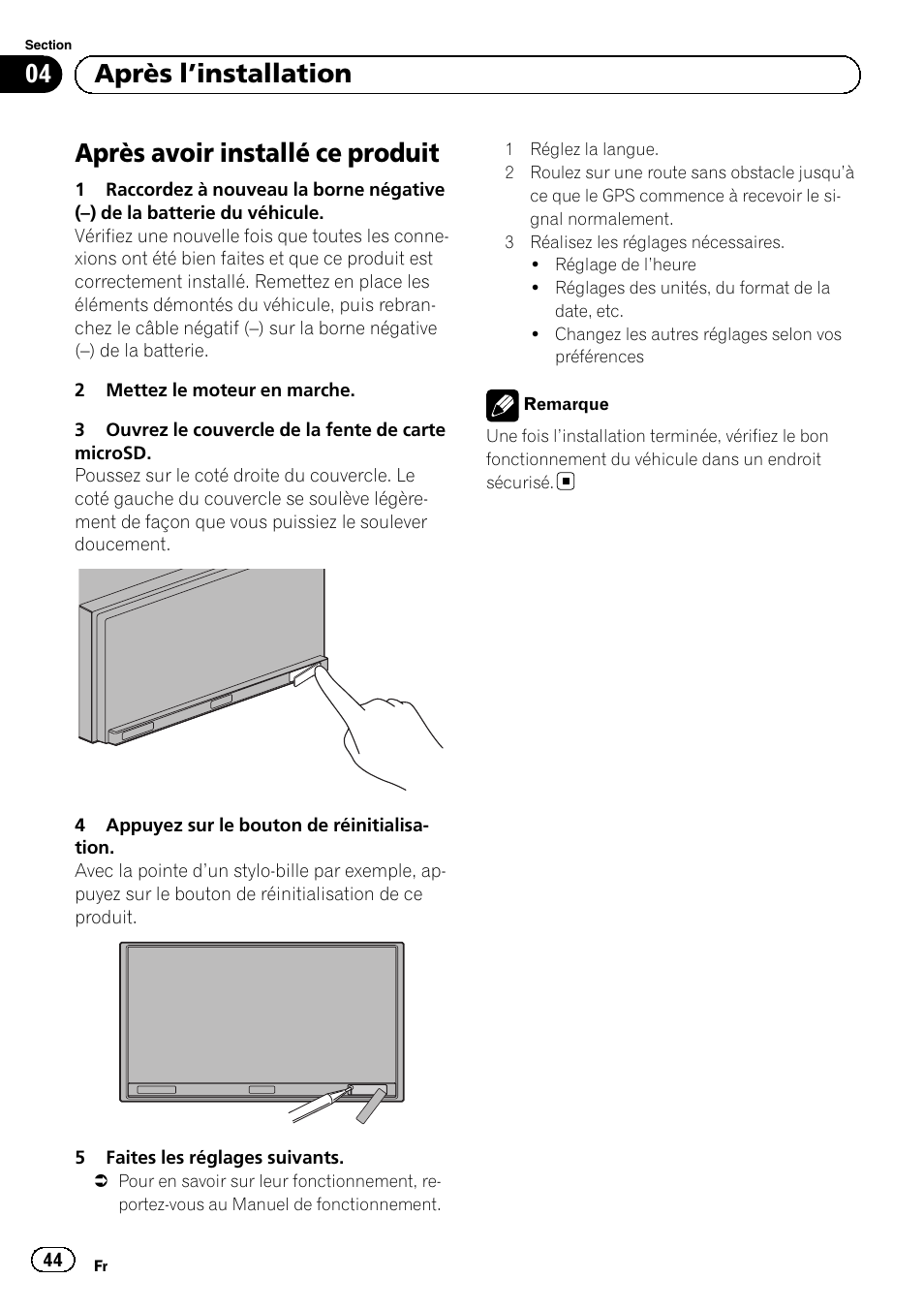 Après l, Installation, Après avoir installé ce produit | 04 après l ’installation | Pioneer SPH-DA01 User Manual | Page 44 / 156