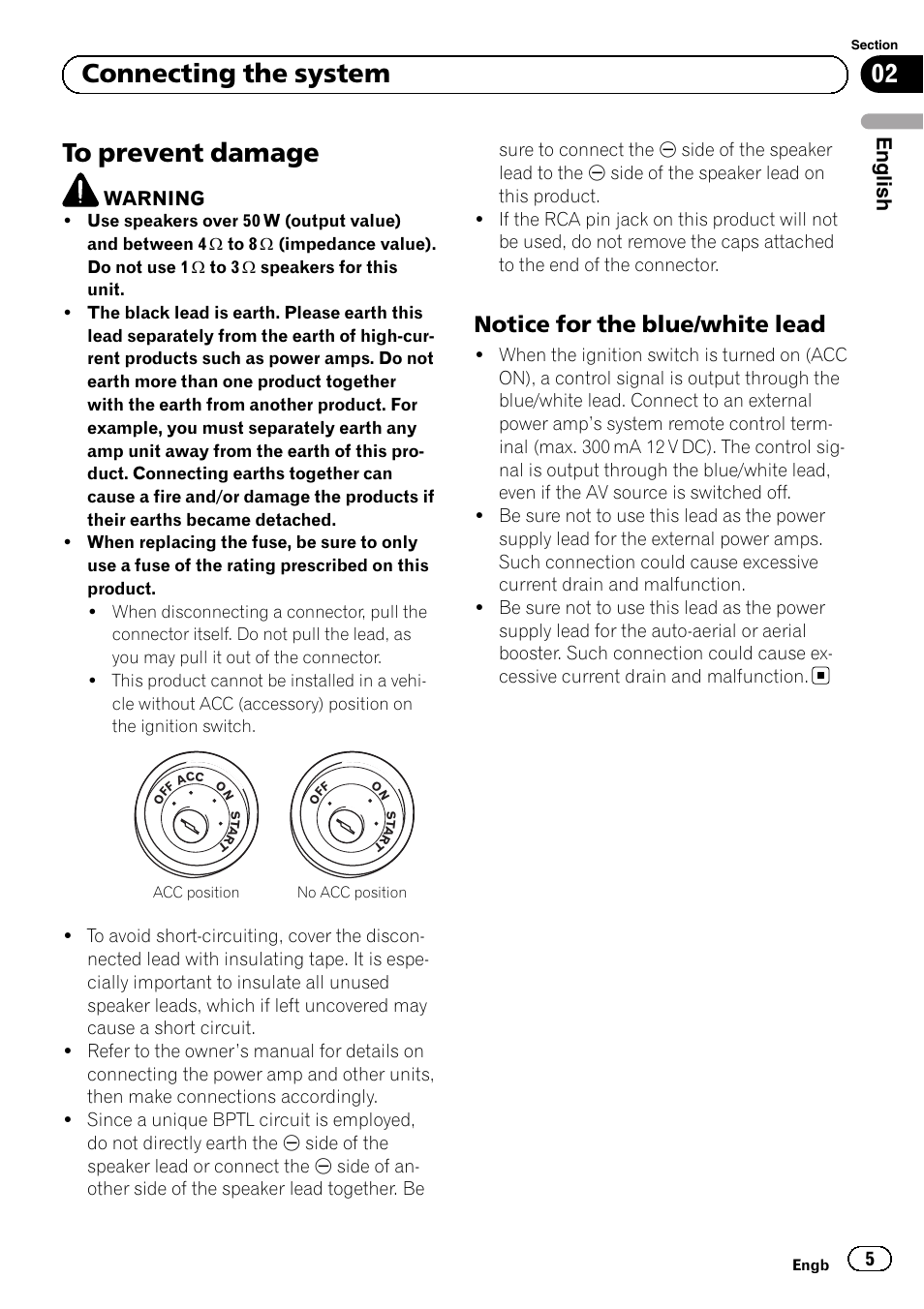 To prevent damage, Notice for the blue/white lead 5, 02 connecting the system | Notice for the blue/white lead, English | Pioneer SPH-DA01 User Manual | Page 5 / 156