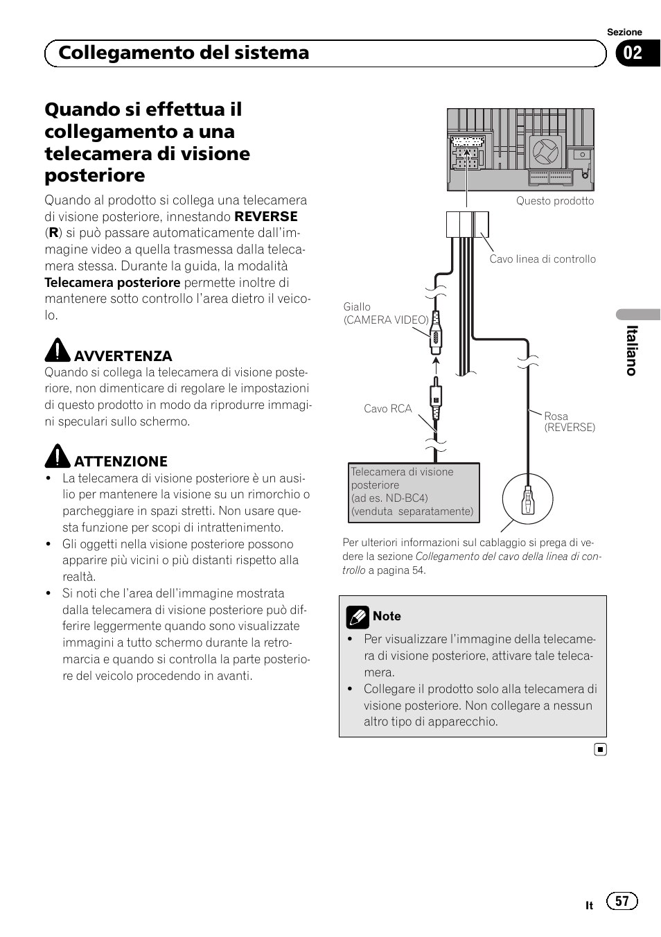 Quando si effettua il collegamento a una, Telecamera di visione posteriore, 02 collegamento del sistema | Pioneer SPH-DA01 User Manual | Page 57 / 156