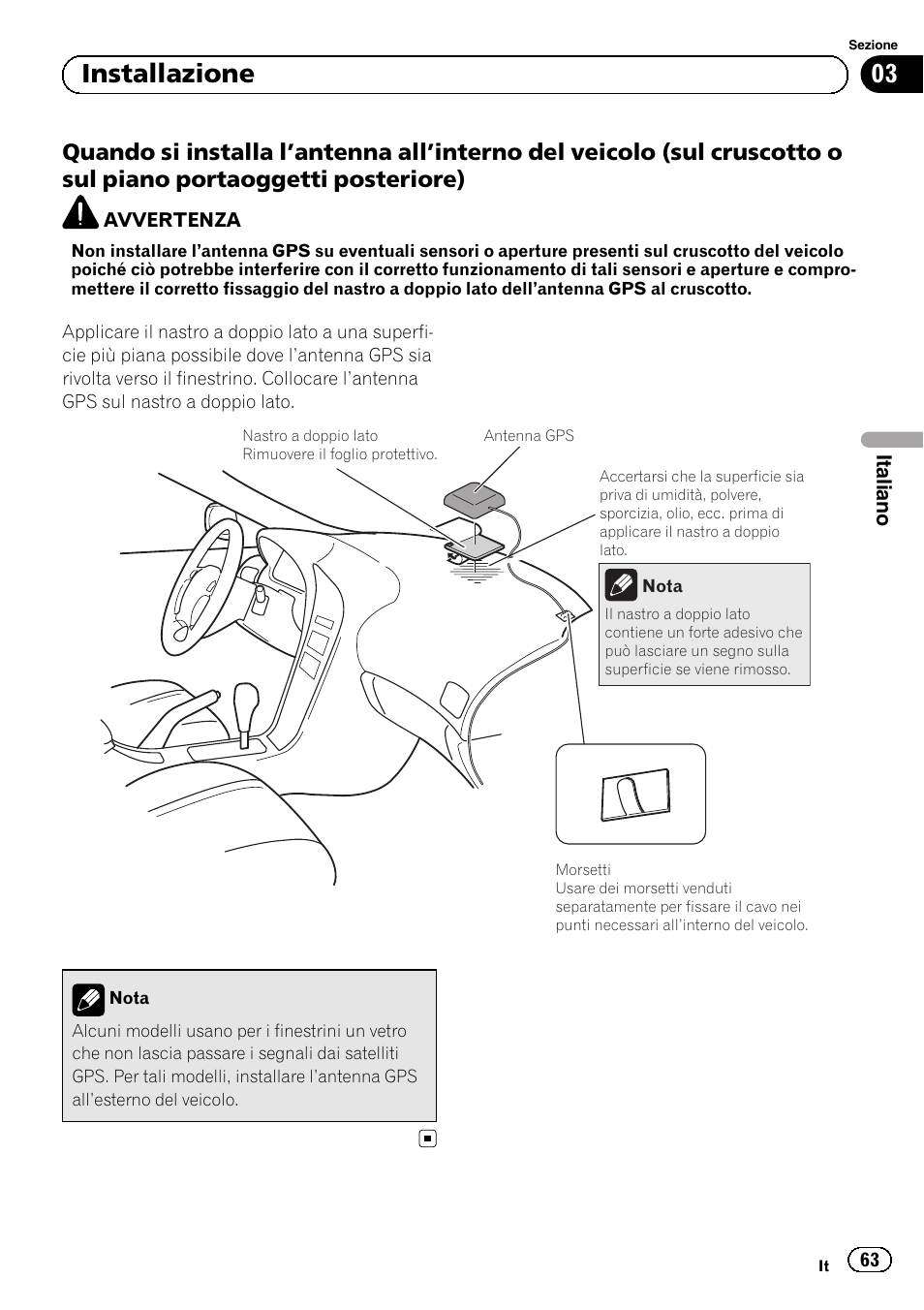 Quando si installa l’antenna all’interno, 03 installazione | Pioneer SPH-DA01 User Manual | Page 63 / 156