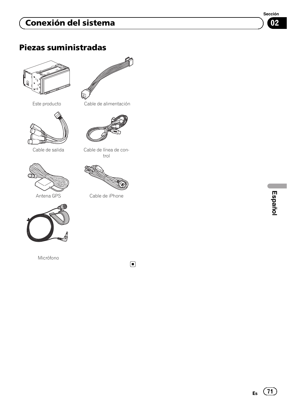 Piezas suministradas, 02 conexión del sistema | Pioneer SPH-DA01 User Manual | Page 71 / 156