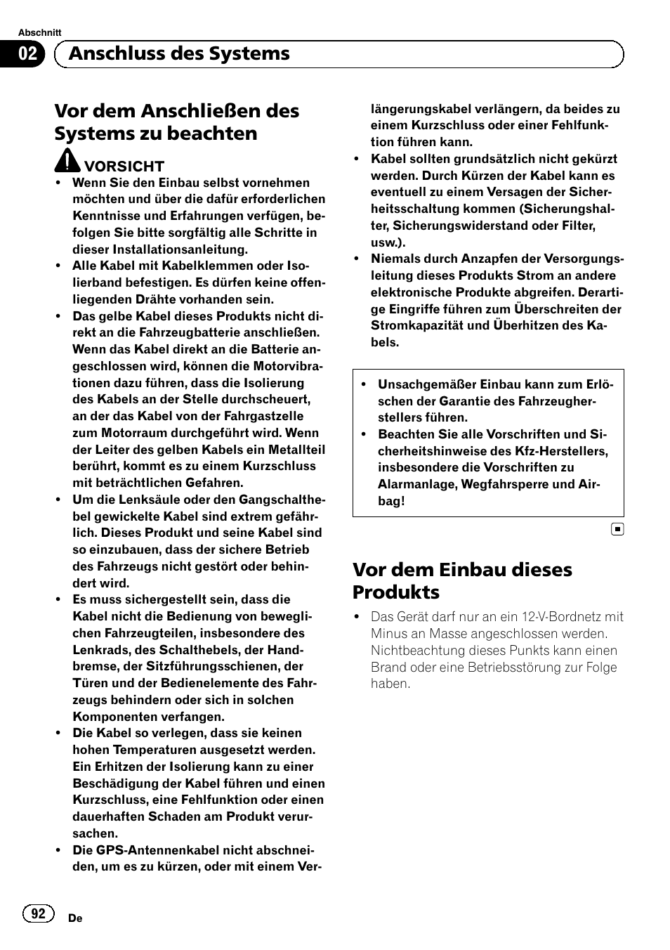 Beachten, Vor dem einbau dieses produkts, Vor dem anschließen des systems zu beachten | 02 anschluss des systems | Pioneer SPH-DA01 User Manual | Page 92 / 156