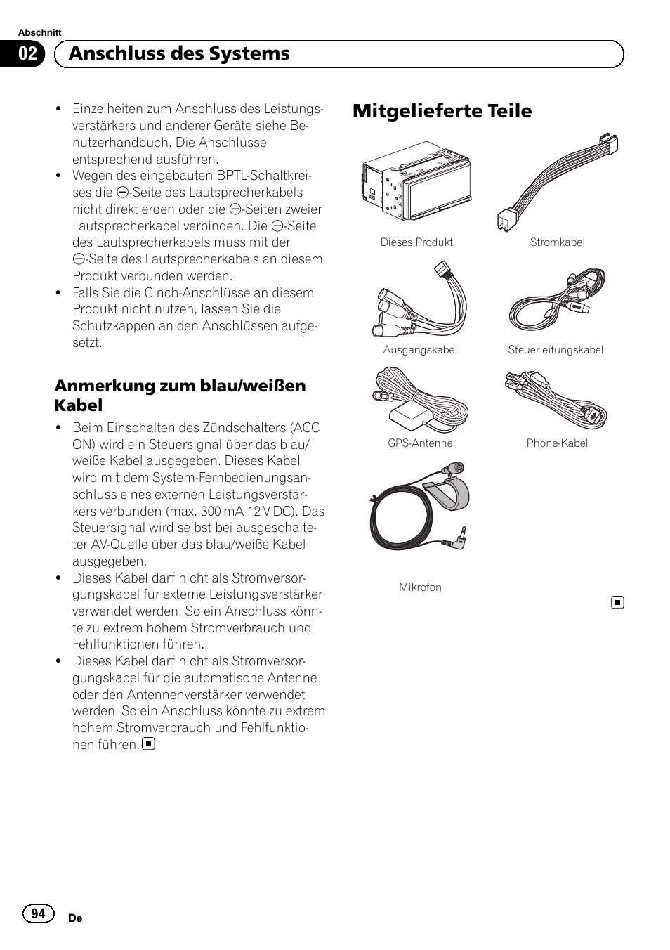 Anmerkung zum blau/weißen, Kabel, Mitgelieferte teile | 02 anschluss des systems, Anmerkung zum blau/weißen kabel | Pioneer SPH-DA01 User Manual | Page 94 / 156