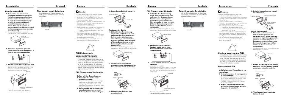 Fijación del panel delantero, Din einbau an der vorderseite/rückseite, Befestigung der frontplatte | Montage avant/arrière din, Montaje trasero din, Din einbau an der vorderseite, Din einbau an der rückseite, Montage avant din, Einbau mit der gummibuchse, Ausbauen des geräts | Pioneer DEH-P7000UB User Manual | Page 2 / 8