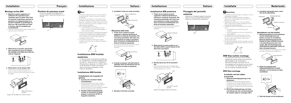 Fixation du panneau avant, Installazione din frontale/ posteriore, Fissaggio del pannello anteriore | Din voor/achter montage, Montage arrière din, Installazione din frontale, Installazione din posteriore, Din voor-montage, Installazione con la guaina di gomma, Rimozione dell’unità | Pioneer DEH-P7000UB User Manual | Page 3 / 8