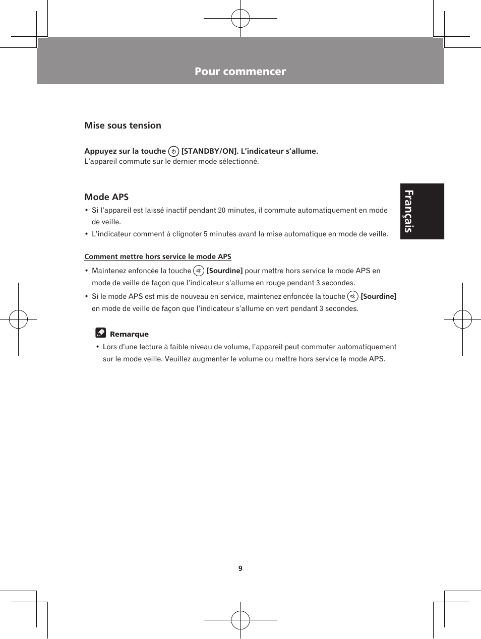 Pour commencer, Mise sous tension mode aps, Français | Pioneer XW-BTS1-K User Manual | Page 29 / 60