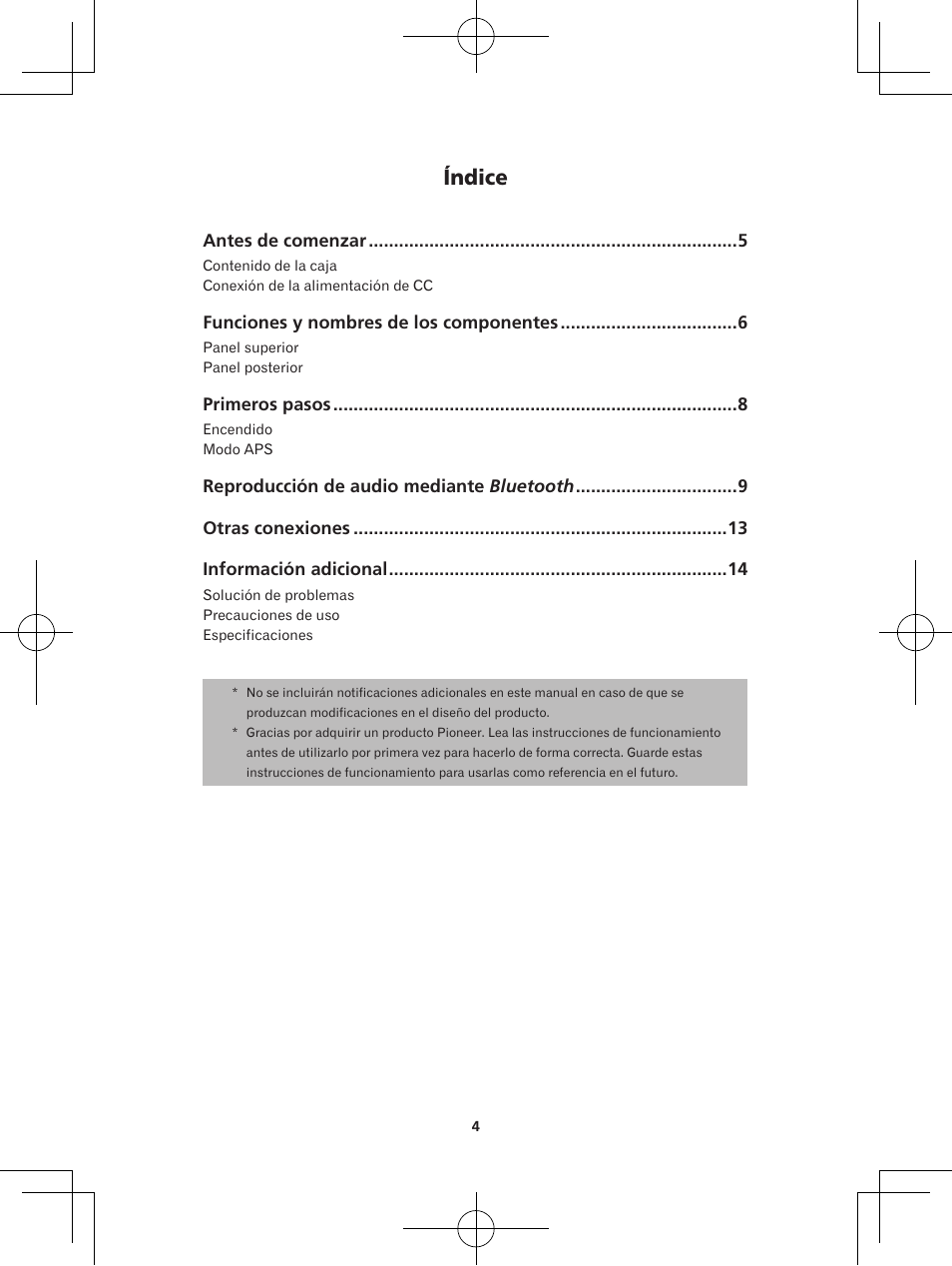 Sistema de altavoces inalámbrico, Manual de instrucciones, Índice | Pioneer XW-BTS1-K User Manual | Page 42 / 60