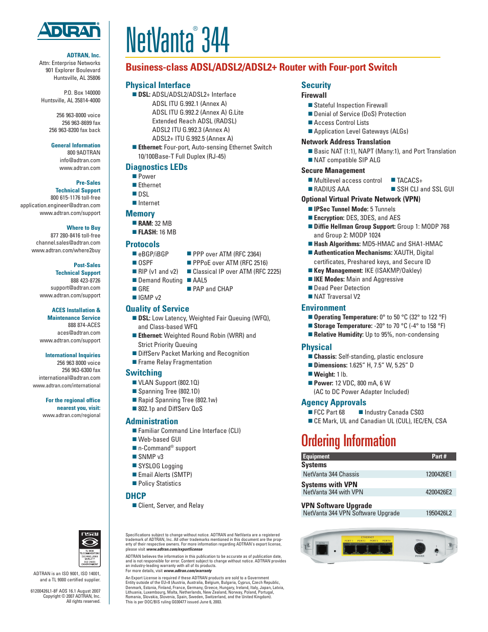 Netvanta, Ordering information, Physical interface | Diagnostics leds, Protocols, Quality of service, Switching, Administration, Dhcp, Security | ADTRAN NetVanta 344 User Manual | Page 2 / 2