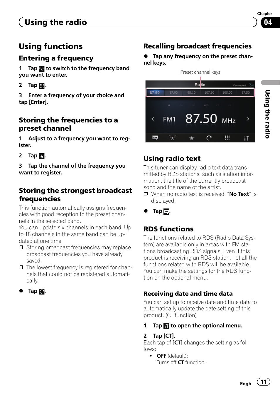Using functions, Entering a frequency 11, Storing the frequencies to a preset | Channel, Storing the strongest broadcast, Frequencies, Recalling broadcast frequencies 11, Using radio text 11, Rds functions 11, Receiving | Pioneer SPH-DA01 User Manual | Page 11 / 32