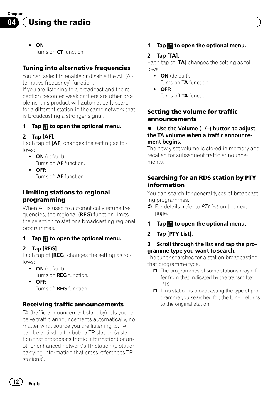 Tuning, Receiving, Limiting | 04 using the radio | Pioneer SPH-DA01 User Manual | Page 12 / 32