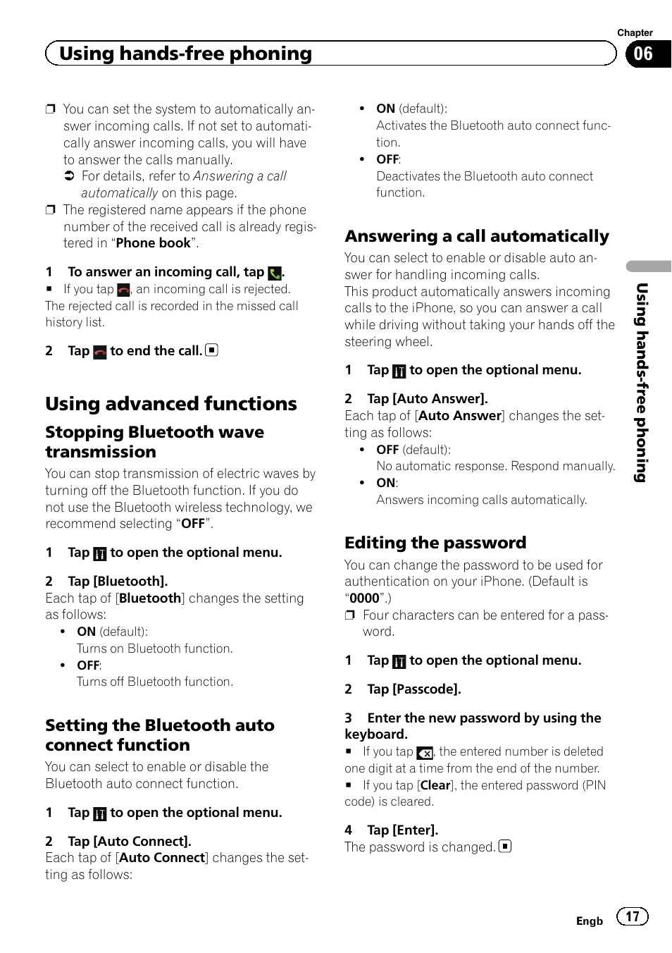 Using advanced functions, Stopping bluetooth wave, Transmission | Setting the bluetooth auto connect, Function, Answering a call automatically 17, Editing the password 17, Using hands-free phoning, Stopping bluetooth wave transmission, Setting the bluetooth auto connect function | Pioneer SPH-DA01 User Manual | Page 17 / 32