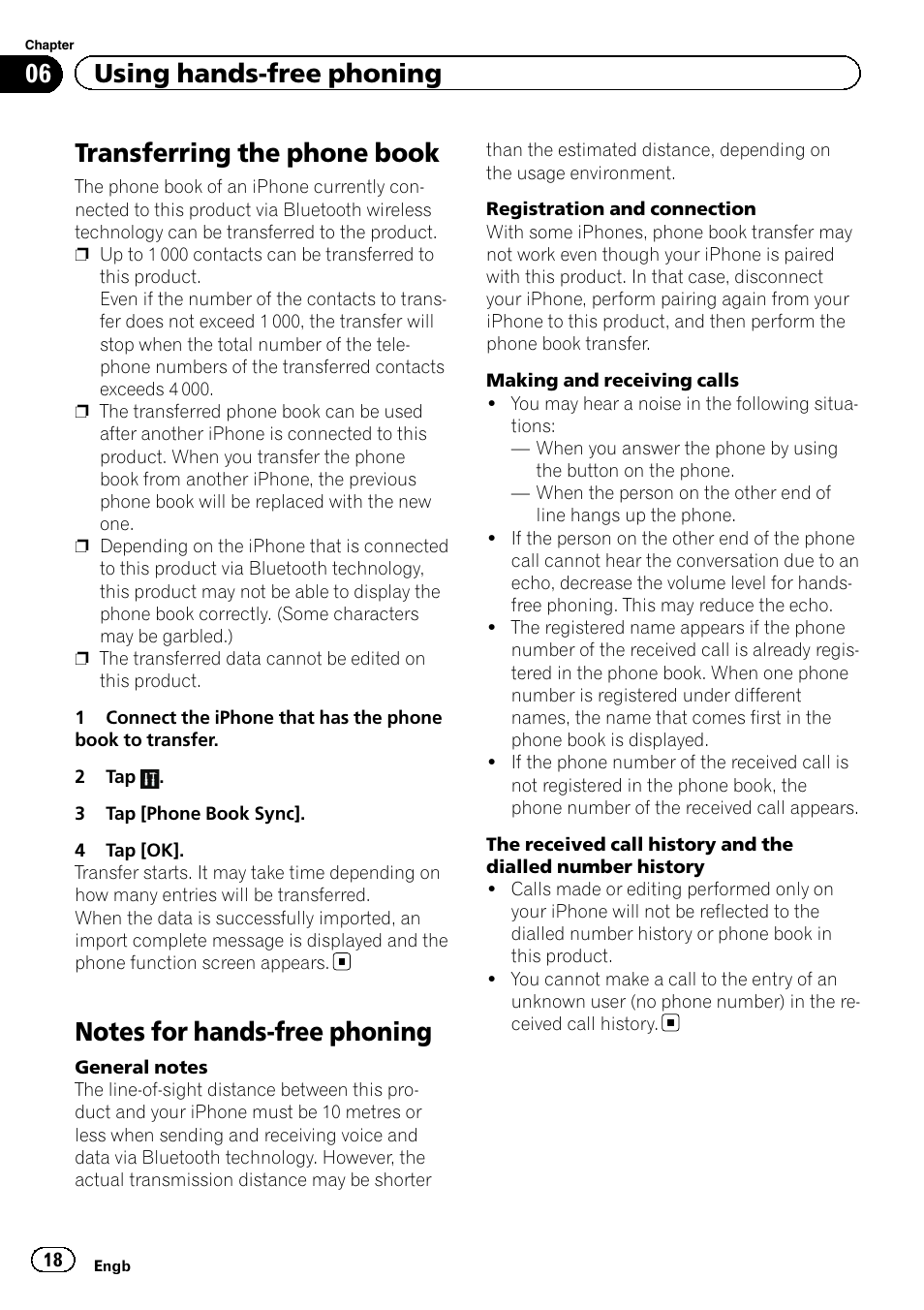 Transferring the phone book, Notes for hands-free phoning, 06 using hands-free phoning | Pioneer SPH-DA01 User Manual | Page 18 / 32