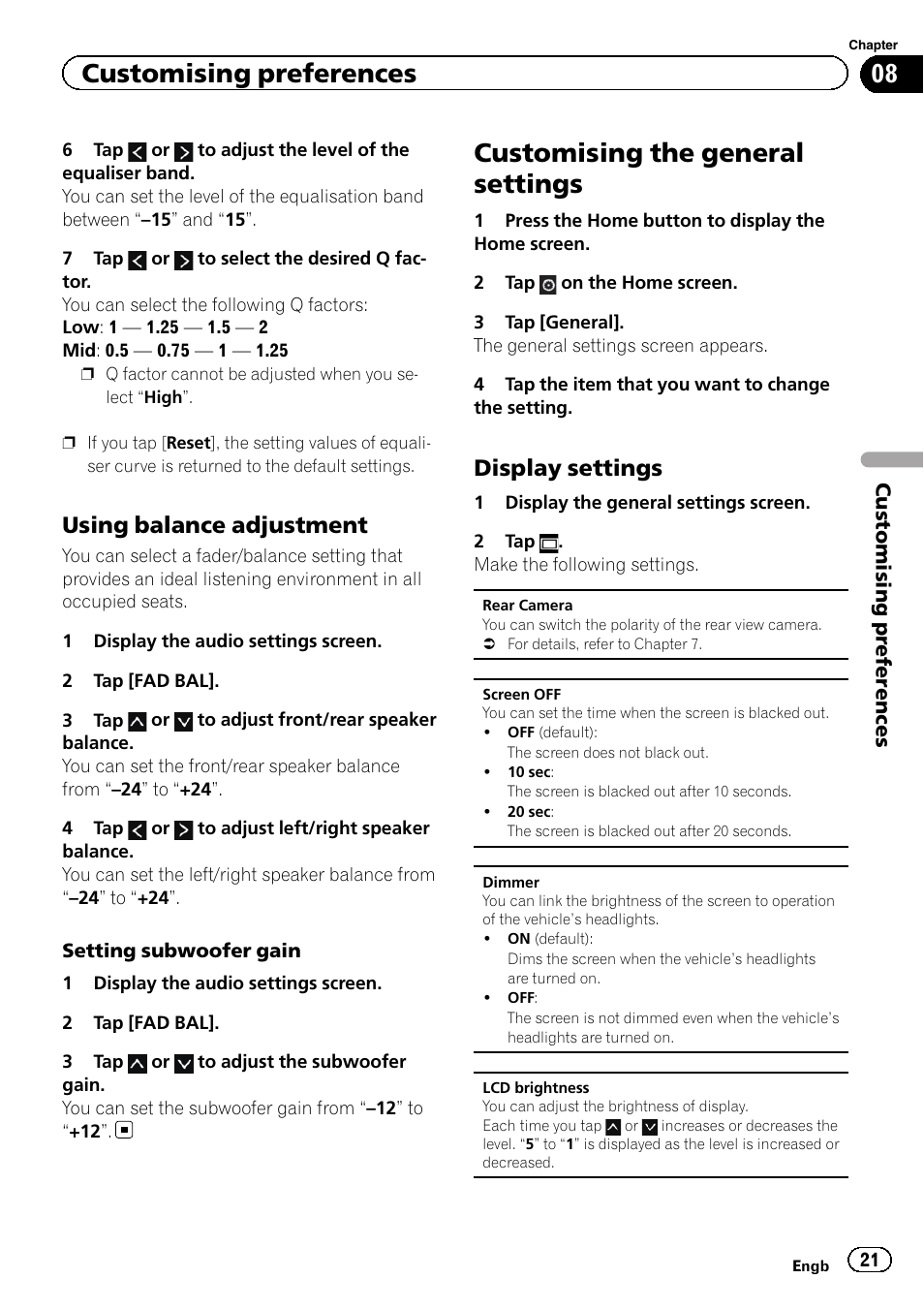 Using balance adjustment 21, Customising the general settings, Display settings 21 | Customising preferences, Using balance adjustment, Display settings | Pioneer SPH-DA01 User Manual | Page 21 / 32