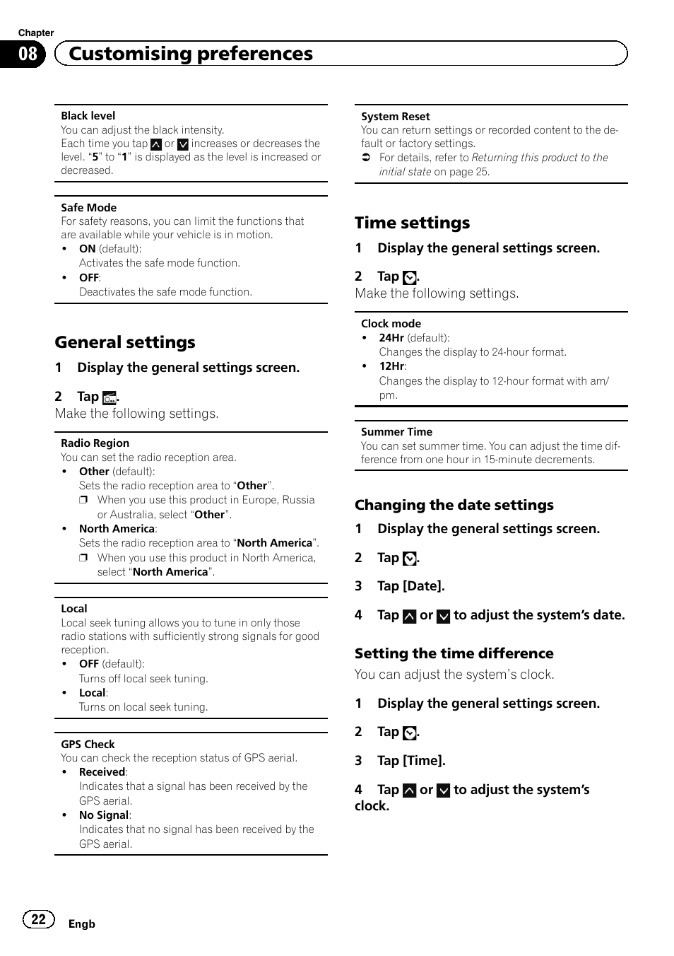 General settings 22, Time settings 22, 08 customising preferences | General settings, Time settings | Pioneer SPH-DA01 User Manual | Page 22 / 32