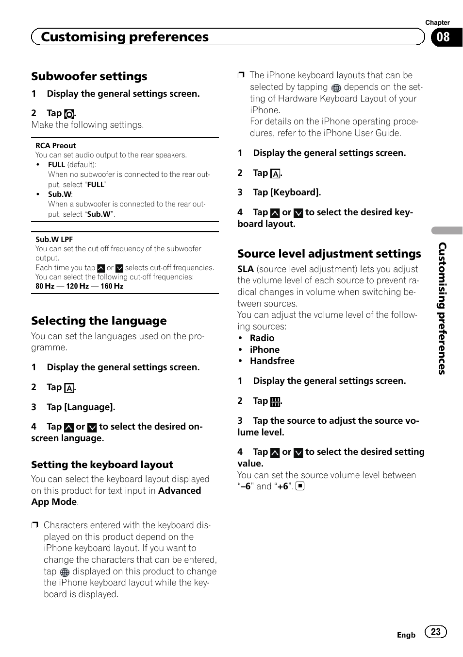 Subwoofer settings 23, Selecting the language 23, Source level adjustment settings 23 | Customising preferences, Subwoofer settings, Selecting the language, Source level adjustment settings | Pioneer SPH-DA01 User Manual | Page 23 / 32