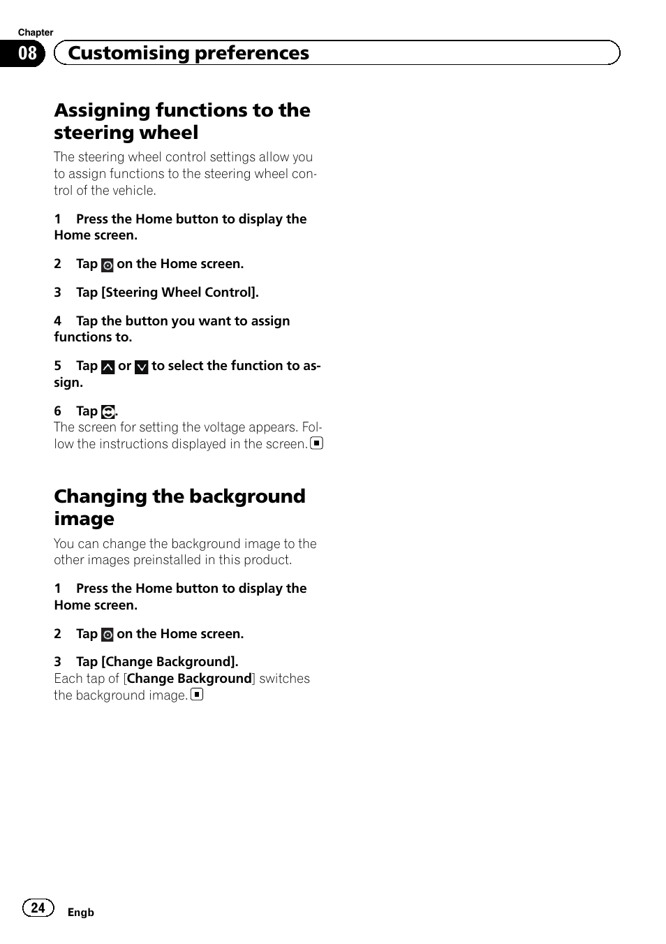 Assigning functions to the steering, Wheel, Changing the background image | Assigning functions to the steering wheel, 08 customising preferences | Pioneer SPH-DA01 User Manual | Page 24 / 32