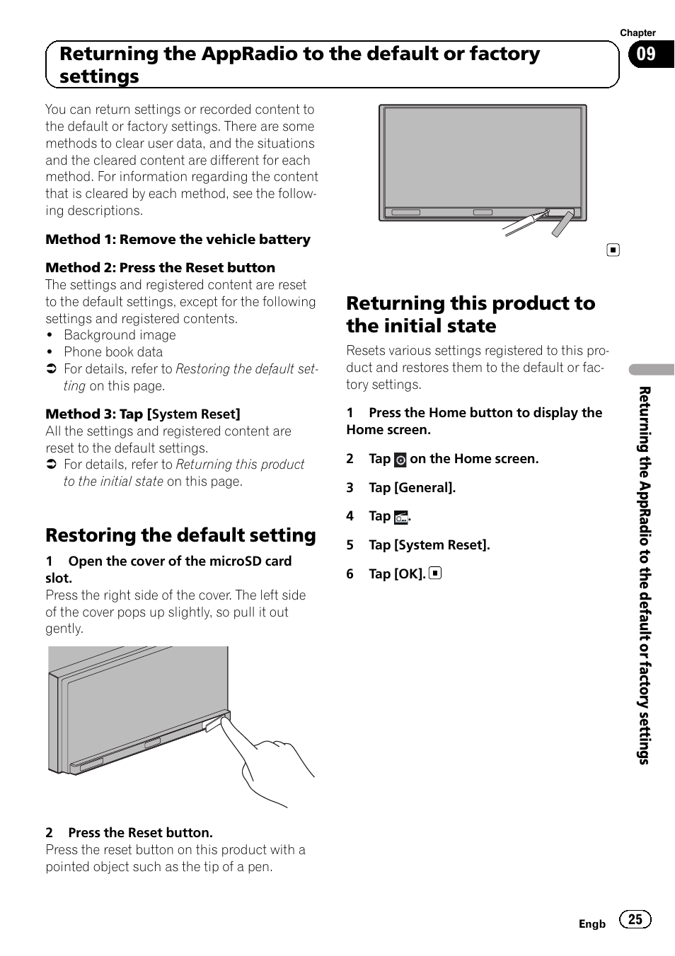 Returning this product to the initial state, Restoring the default setting | Pioneer SPH-DA01 User Manual | Page 25 / 32