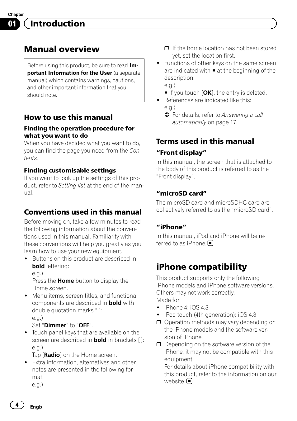 Introduction, Manual overview, How to use this manual 4 | Conventions used in this manual 4, Terms used in this manual 4, Iphone compatibility, 01 introduction | Pioneer SPH-DA01 User Manual | Page 4 / 32
