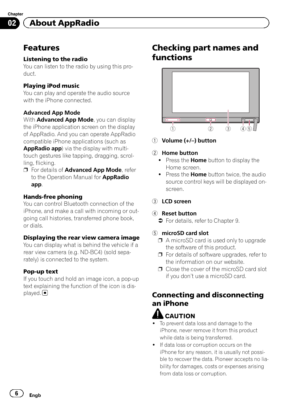 About appradio features, Checking part names and functions, Connecting and disconnecting an | Iphone, Features, 02 about appradio, Connecting and disconnecting an iphone | Pioneer SPH-DA01 User Manual | Page 6 / 32