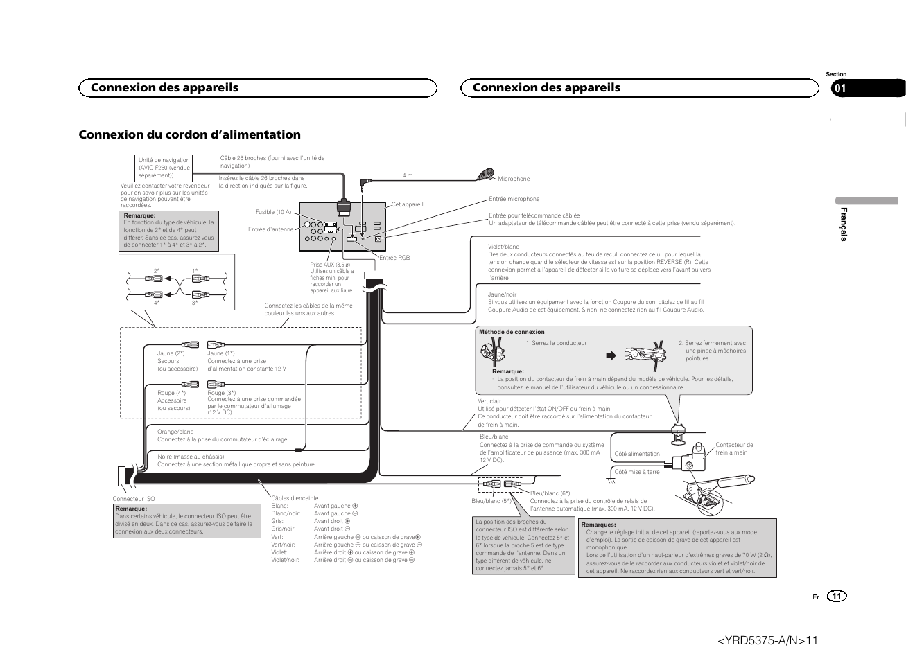 Connexion du cordon d ’alimentation, Connexion des appareils | Pioneer AVH-X8500BT User Manual | Page 11 / 52