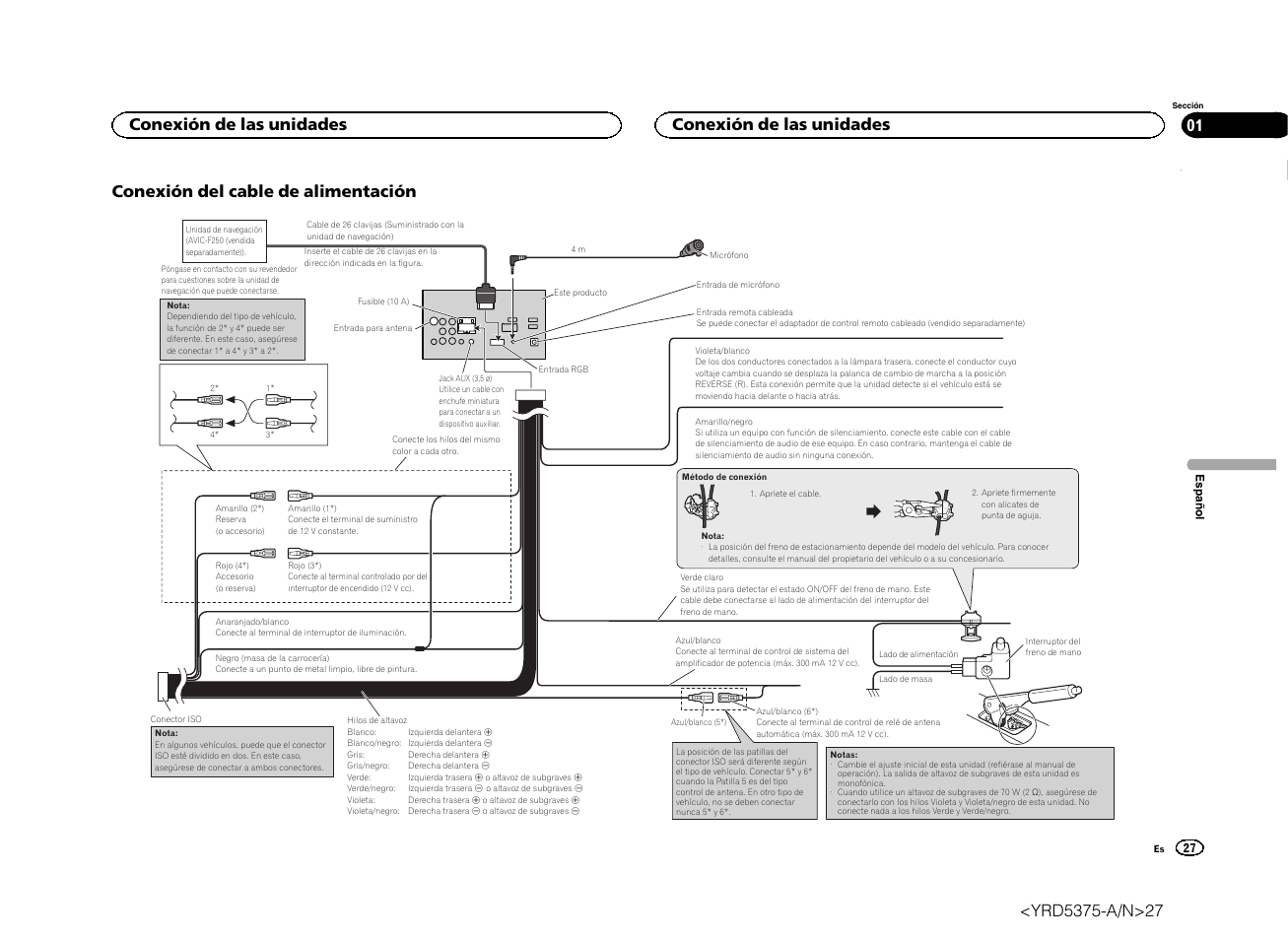 Conexión del cable de alimentación, Conexión de las unidades | Pioneer AVH-X8500BT User Manual | Page 27 / 52