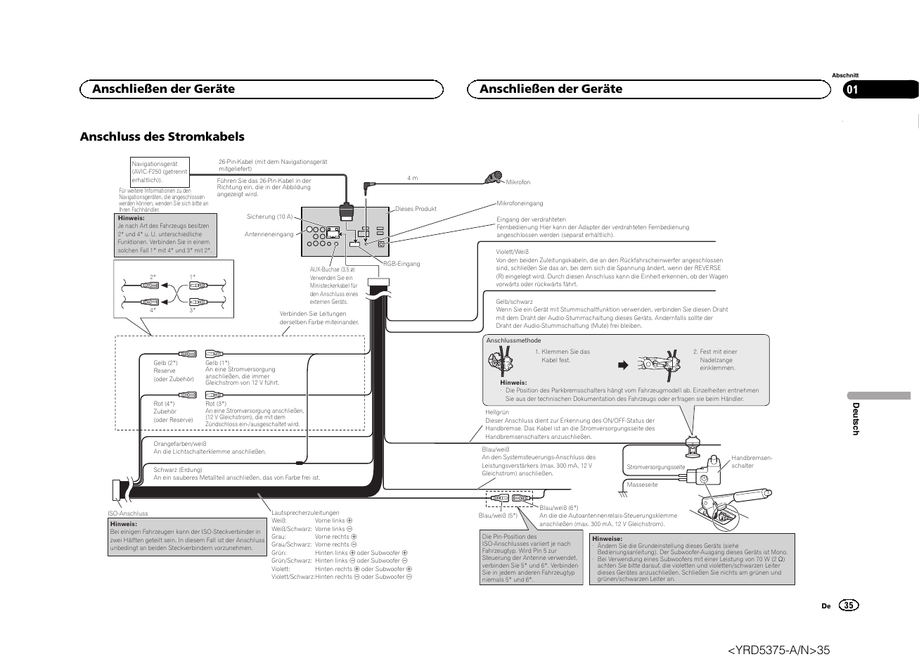 Anschluss des stromkabels, Anschließen der geräte | Pioneer AVH-X8500BT User Manual | Page 35 / 52