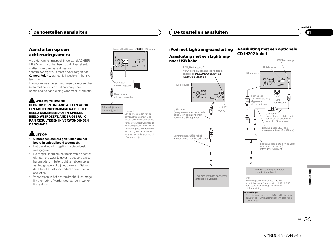 Aansluiten op een achteruitrijcamera, Ipod met lightning-aansluiting, De toestellen aansluiten | Pioneer AVH-X8500BT User Manual | Page 45 / 52