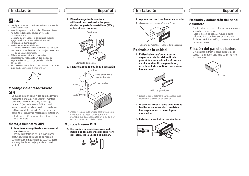 Instalación español, Fijación del panel delantero, Montaje delantero/trasero din | Pioneer DEH-9300SD User Manual | Page 5 / 16