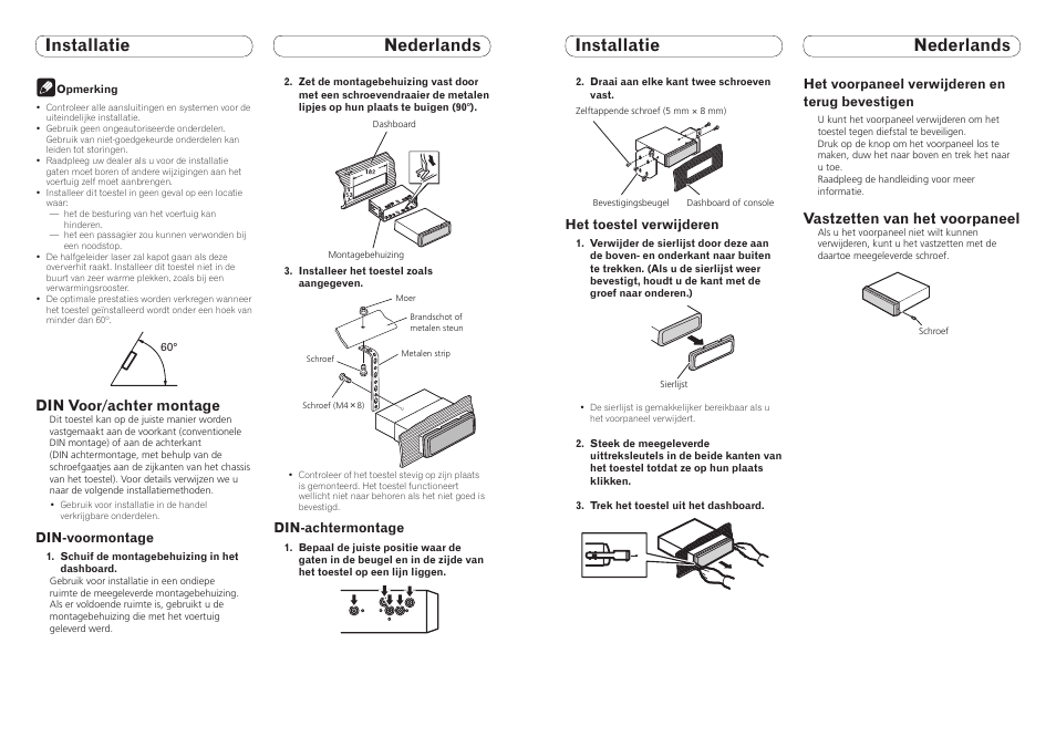 Installatie nederlands, Vastzetten van het voorpaneel, Din voor/achter montage | Pioneer DEH-9300SD User Manual | Page 7 / 16