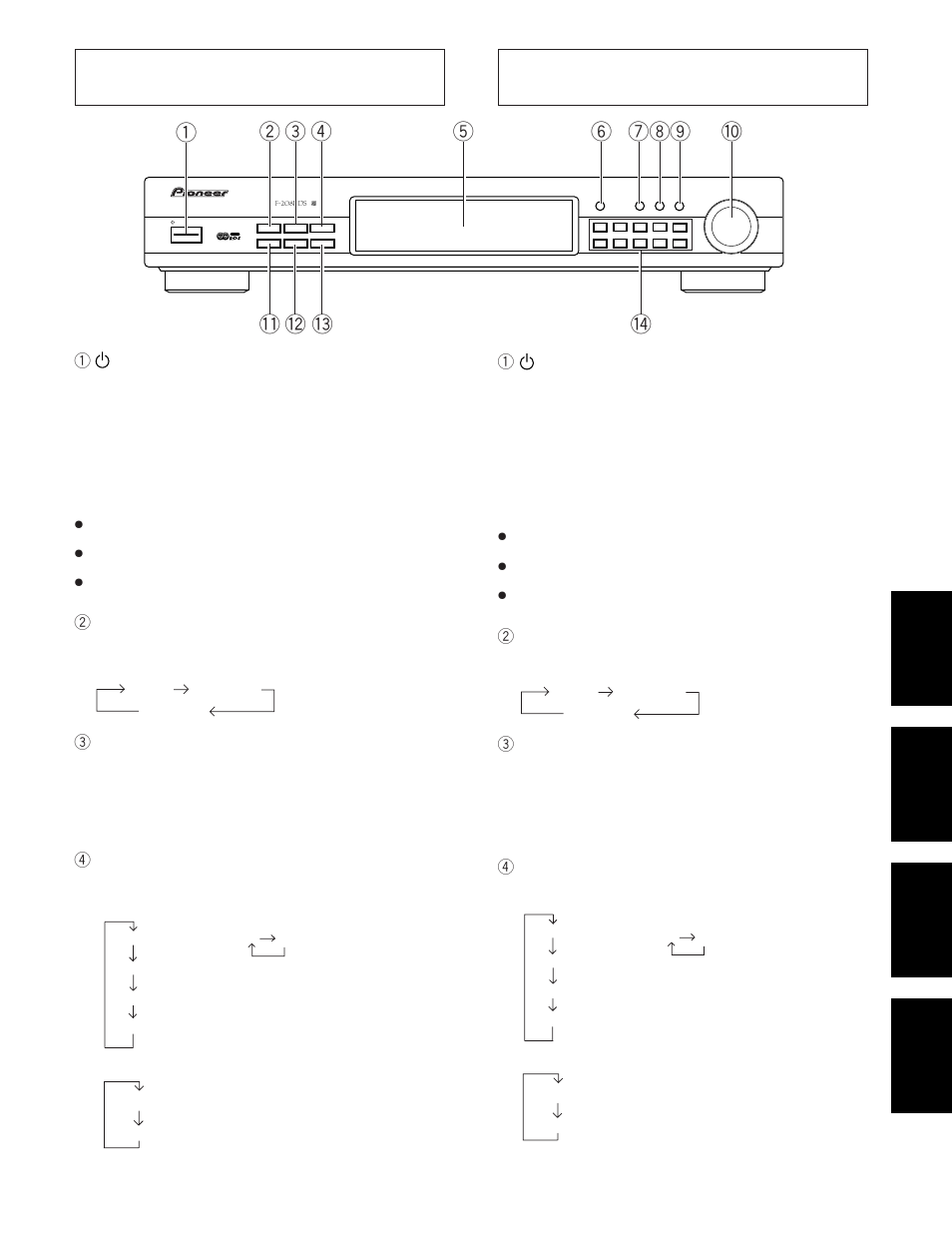 Panel delantero, Painel frontal, Panel delantero painel frontal | 1 interruptor standby/on, 1interruptor standby/on, 3 botón character/search (carácter/búsqueda), 4 teclas display mode (modo de exibição), 2 botón eon, 2 tecla eon | Pioneer F-208RDS User Manual | Page 65 / 104