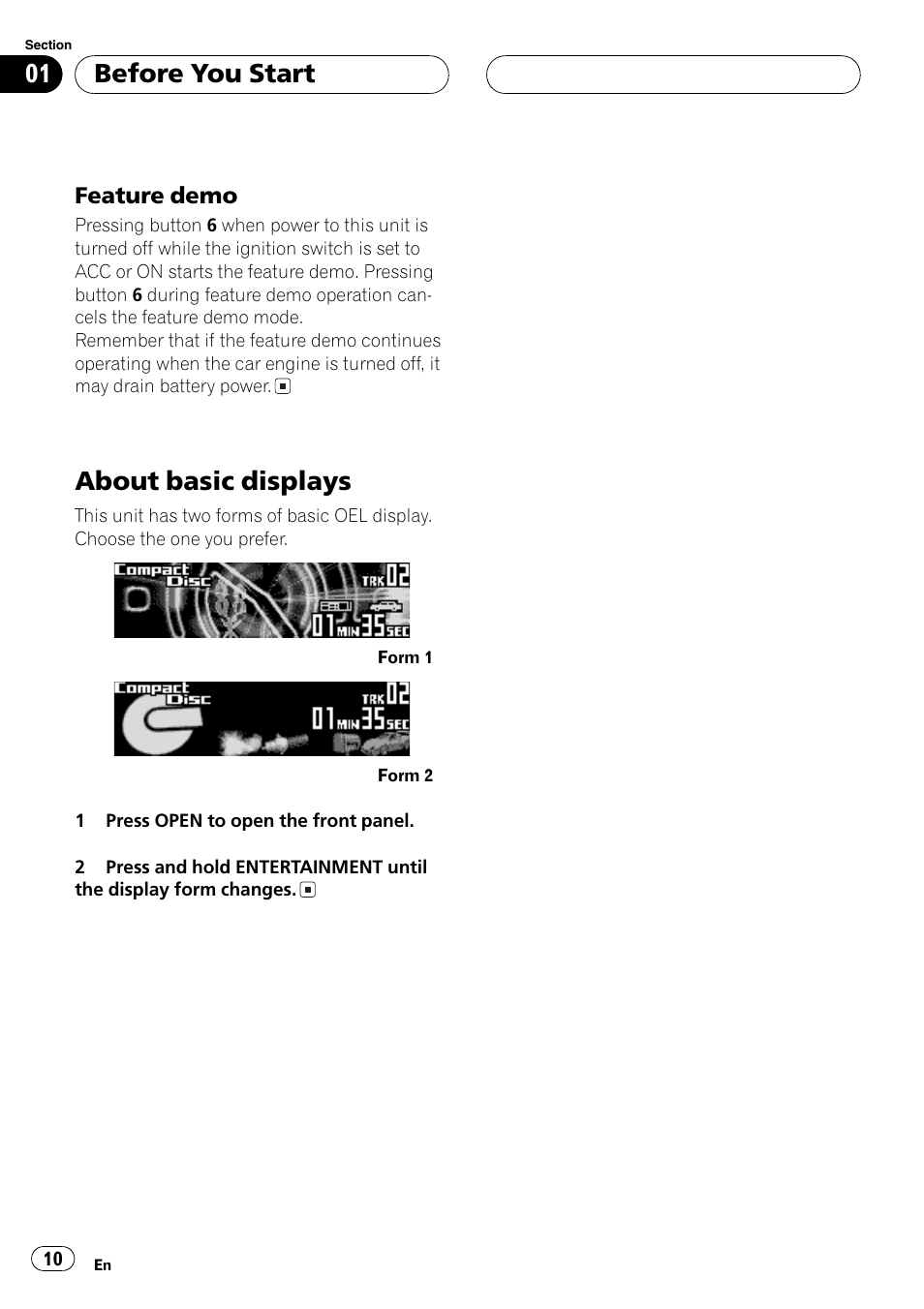 Feature demo 10, About basic displays 10, About basic displays | Before you start | Pioneer DEH-P9600MP User Manual | Page 10 / 164