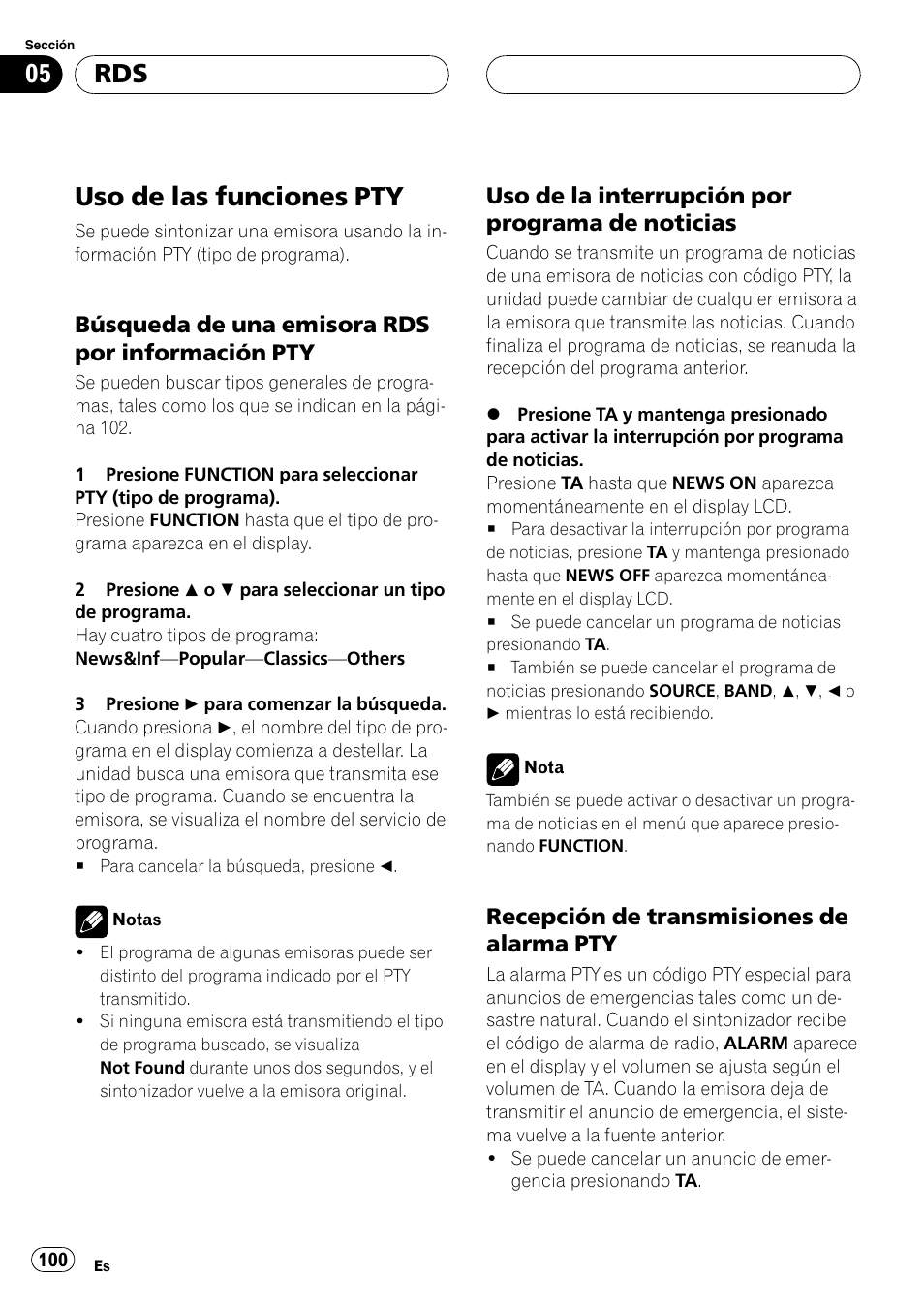 Uso de las funciones pty 100, Búsqueda de una emisora rds por, Información pty 100 | Uso de la interrupción por programa, De noticias 100, Recepción de transmisiones de, Alarma pty 100, Uso de las funciones pty, Búsqueda de una emisora rds por información pty, Uso de la interrupción por programa de noticias | Pioneer DEH-P9600MP User Manual | Page 100 / 164