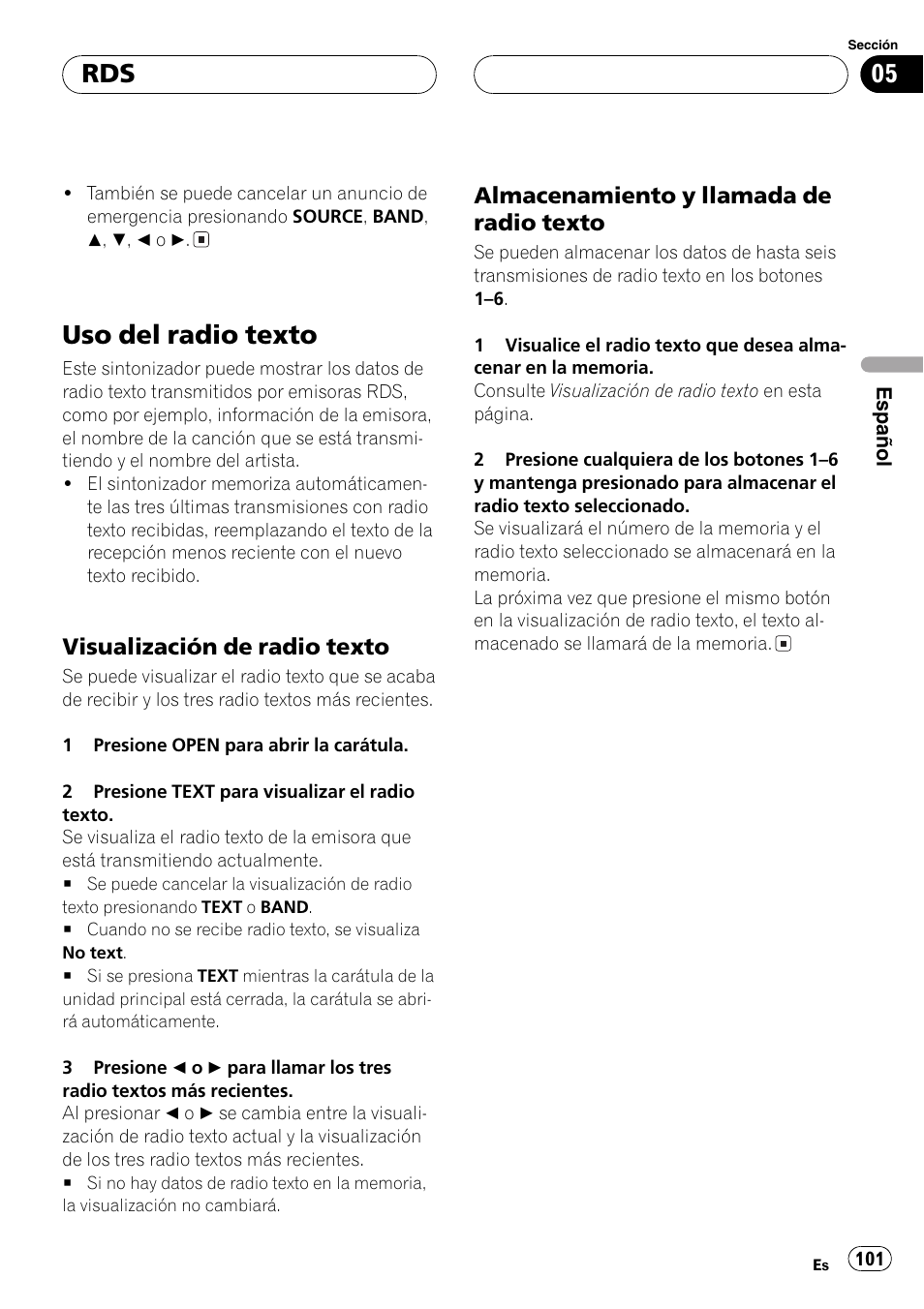 Uso del radio texto 101, Visualización de radio texto 101, Almacenamiento y llamada de radio | Texto 101, Uso del radio texto, Visualización de radio texto, Almacenamiento y llamada de radio texto | Pioneer DEH-P9600MP User Manual | Page 101 / 164