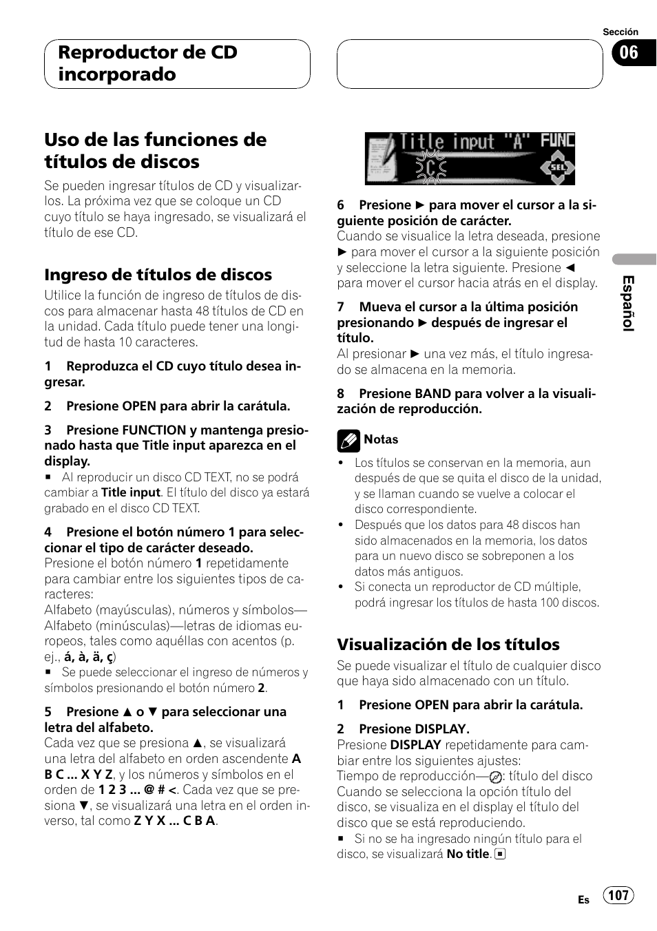 Uso de las funciones de títulos de, Discos 107, Ingreso de títulos de discos 107 | Visualización de los títulos 107, Uso de las funciones de títulos de discos, Reproductor de cd incorporado, Ingreso de títulos de discos, Visualización de los títulos | Pioneer DEH-P9600MP User Manual | Page 107 / 164