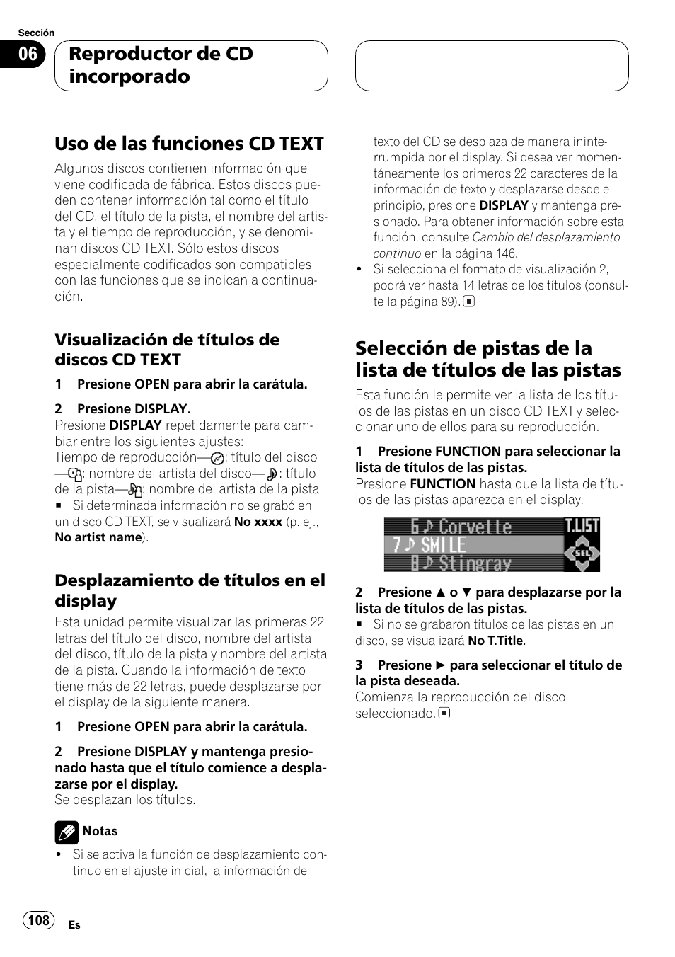 Uso de las funciones cdtext 108, Visualización de títulos de discos cd, Text 108 | Desplazamiento de títulos en el, Display 108, Selección de pistas de la lista de títulos de, Las pistas 108, Uso de las funciones cd text, Reproductor de cd incorporado, Visualización de títulos de discos cd text | Pioneer DEH-P9600MP User Manual | Page 108 / 164