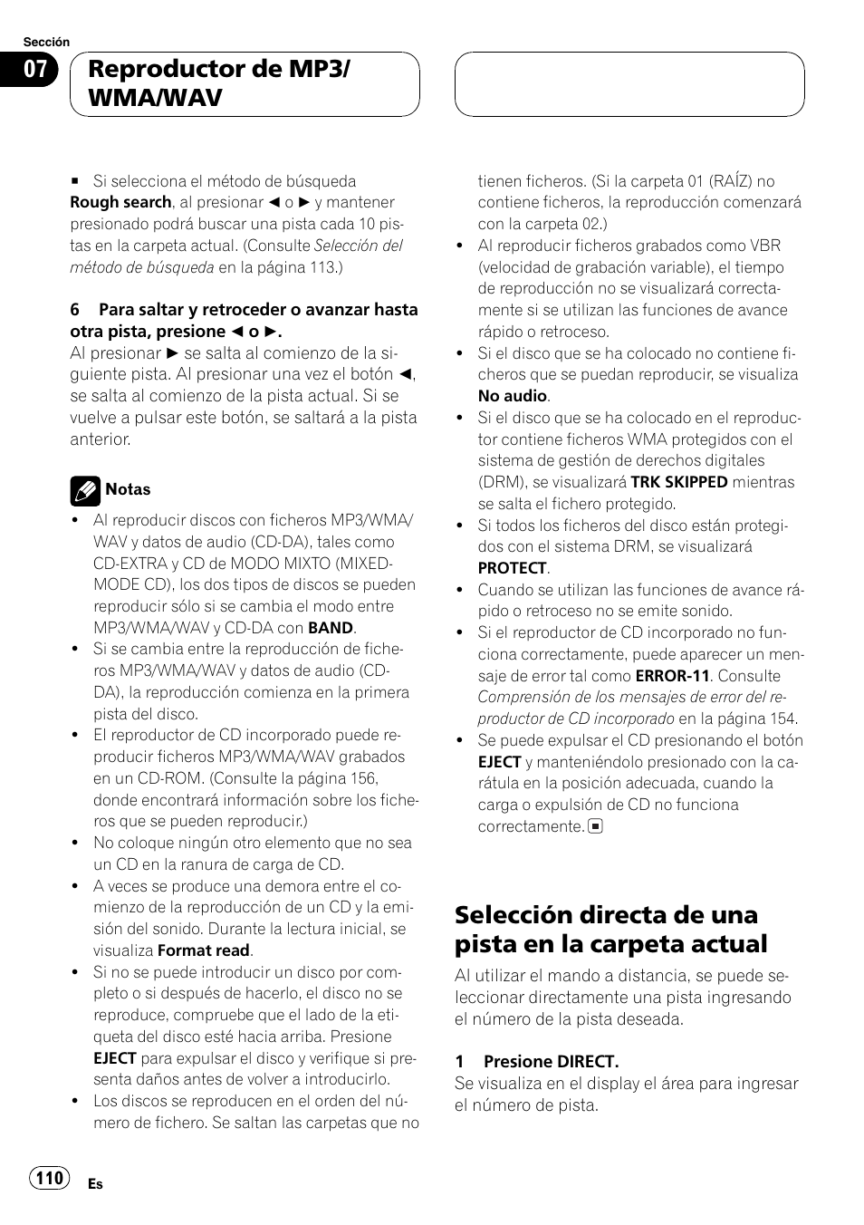 Selección directa de una pista en la carpeta, Actual 110, Reproductor de mp3/ wma/wav | Pioneer DEH-P9600MP User Manual | Page 110 / 164