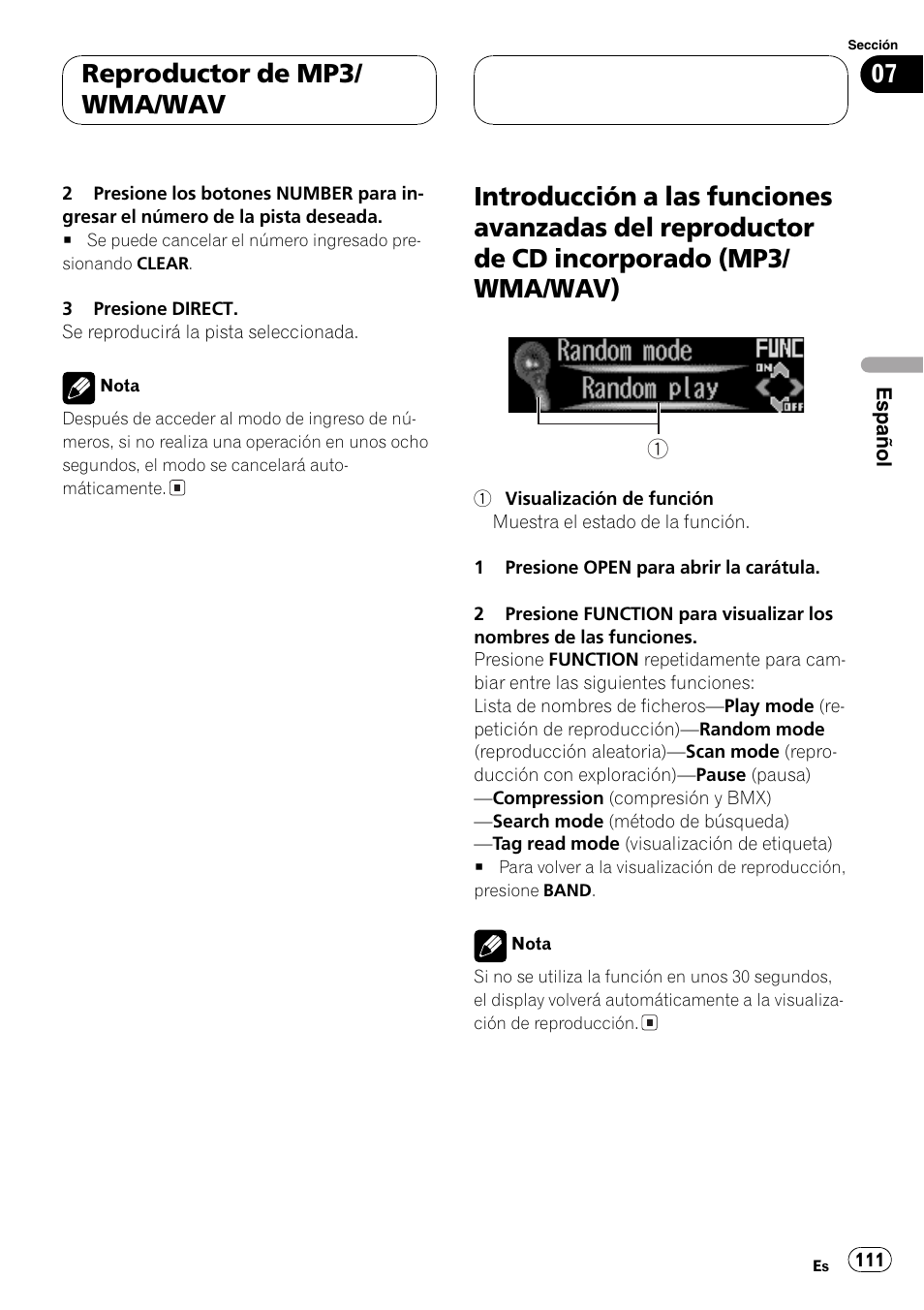 Introducción a las funciones avanzadas del, Reproductor de cdincorporado (mp3, Wma/wav) 111 | Reproductor de mp3/ wma/wav | Pioneer DEH-P9600MP User Manual | Page 111 / 164