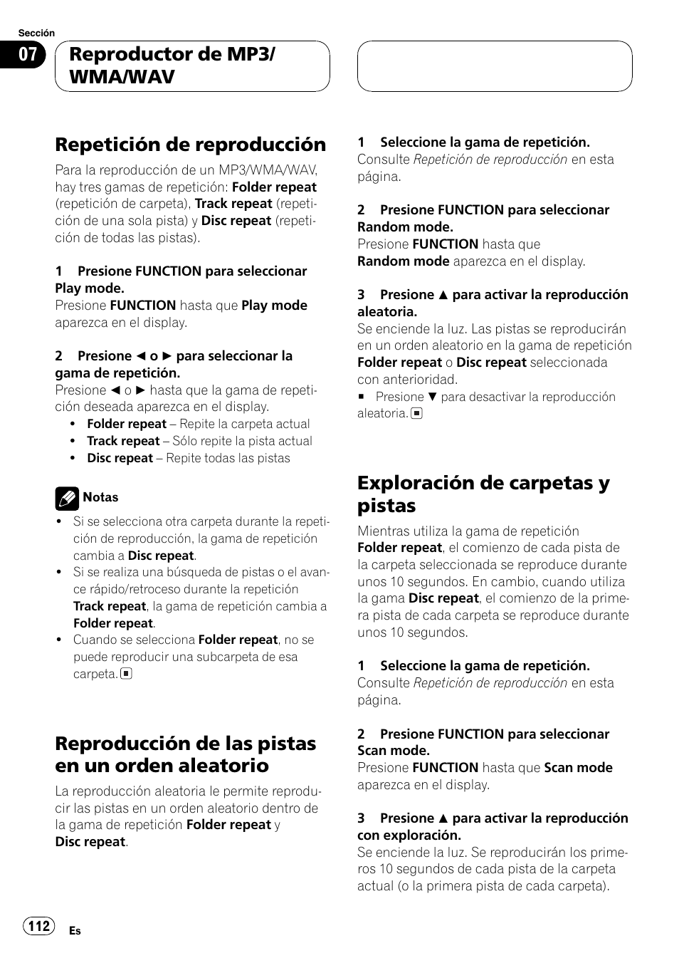 Repetición de reproducción 112, Reproducción de las pistas en un orden, Aleatorio 112 | Exploración de carpetas y pistas 112, Repetición de reproducción, Reproducción de las pistas en un orden aleatorio, Exploración de carpetas y pistas, Reproductor de mp3/ wma/wav | Pioneer DEH-P9600MP User Manual | Page 112 / 164