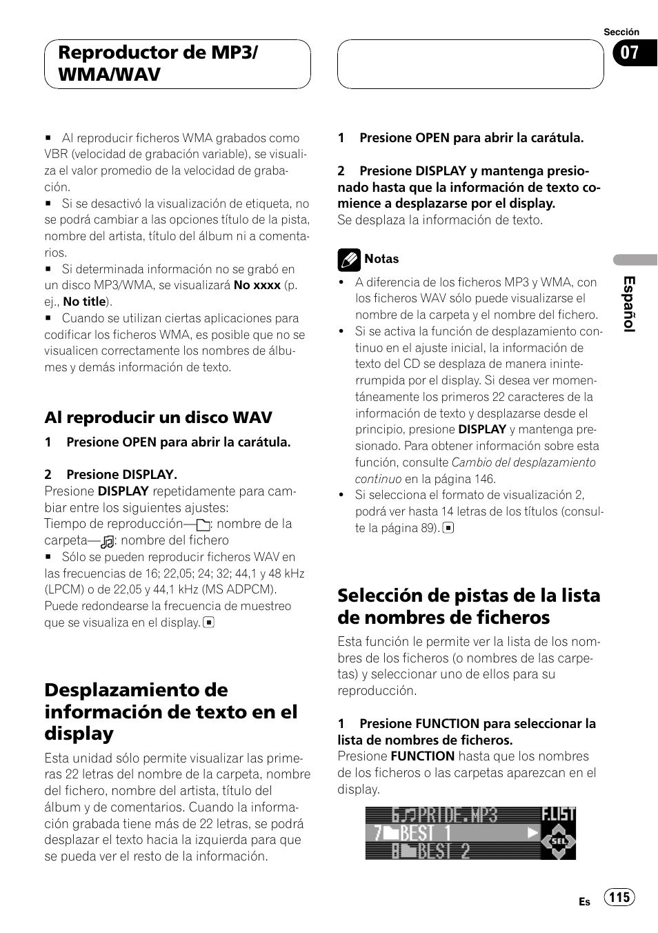 Al reproducir un disco wav 115, Desplazamiento de información de texto en, El display 115 | Selección de pistas de la lista de nombres de, Ficheros 115, Reproductor de mp3/ wma/wav | Pioneer DEH-P9600MP User Manual | Page 115 / 164